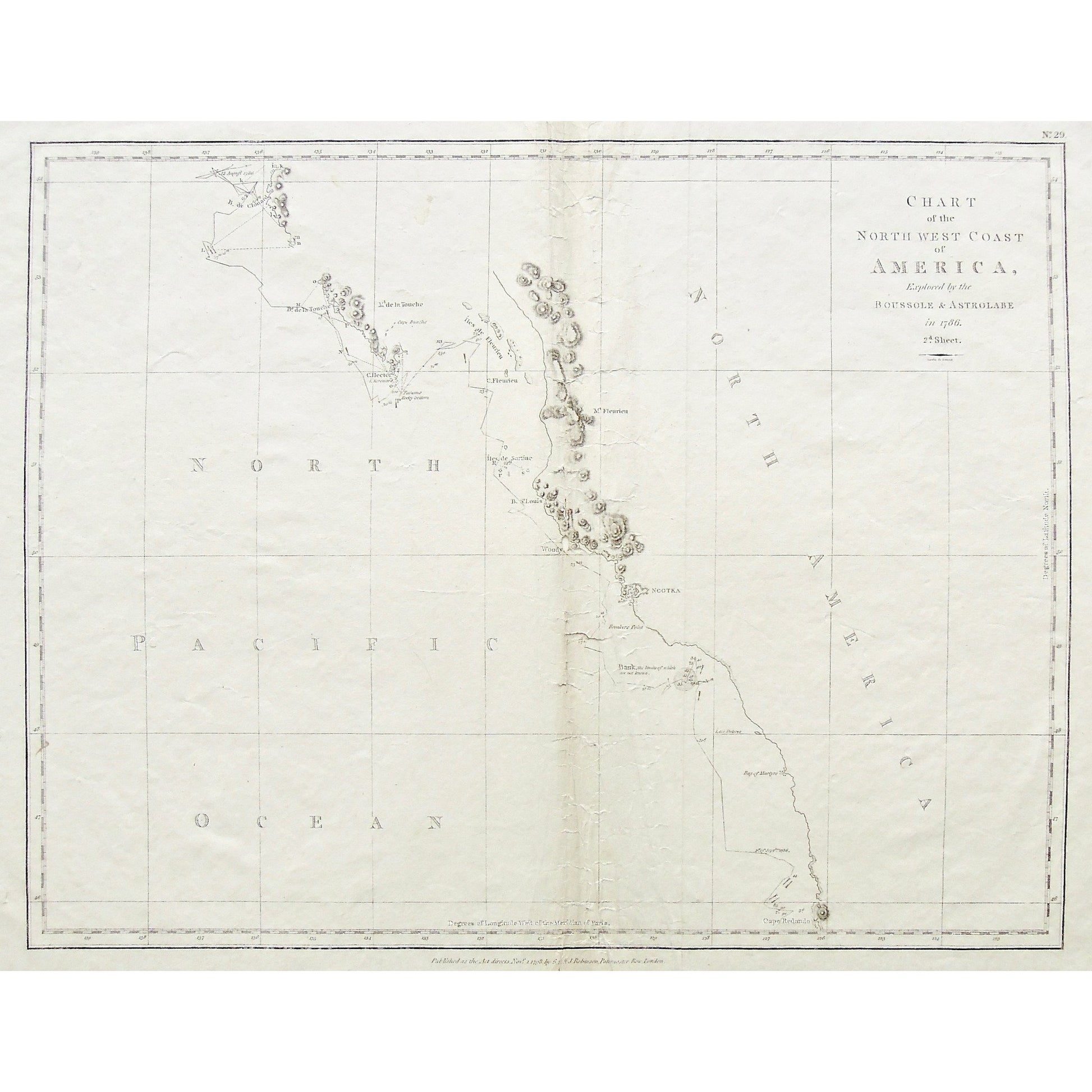 Chart, Charts, Charting, Map, Maps, Mapping, Mapmaking, North West Coast, North West Coast of North America, North America, NorthWest, Coast, Coastline, North Pacific Ocean, Pacific Ocean, Baie de Clonard, Baie de la Touche, Cape Buache, 13 August 1786, 1786, Cape Hector, Isle Kerouard, Fathoms, Rocky Bottom, Iles de Fleurieu, Cape Fleurieu, Mont Fleurieu, Iles de Sartine, Baie St. Louis, Woody, Nootka, British Colombia, Vancouver, Breaker's Point, Bank, Isle des Dolores, Bay of Martyrs, Cape Redondo, Merid