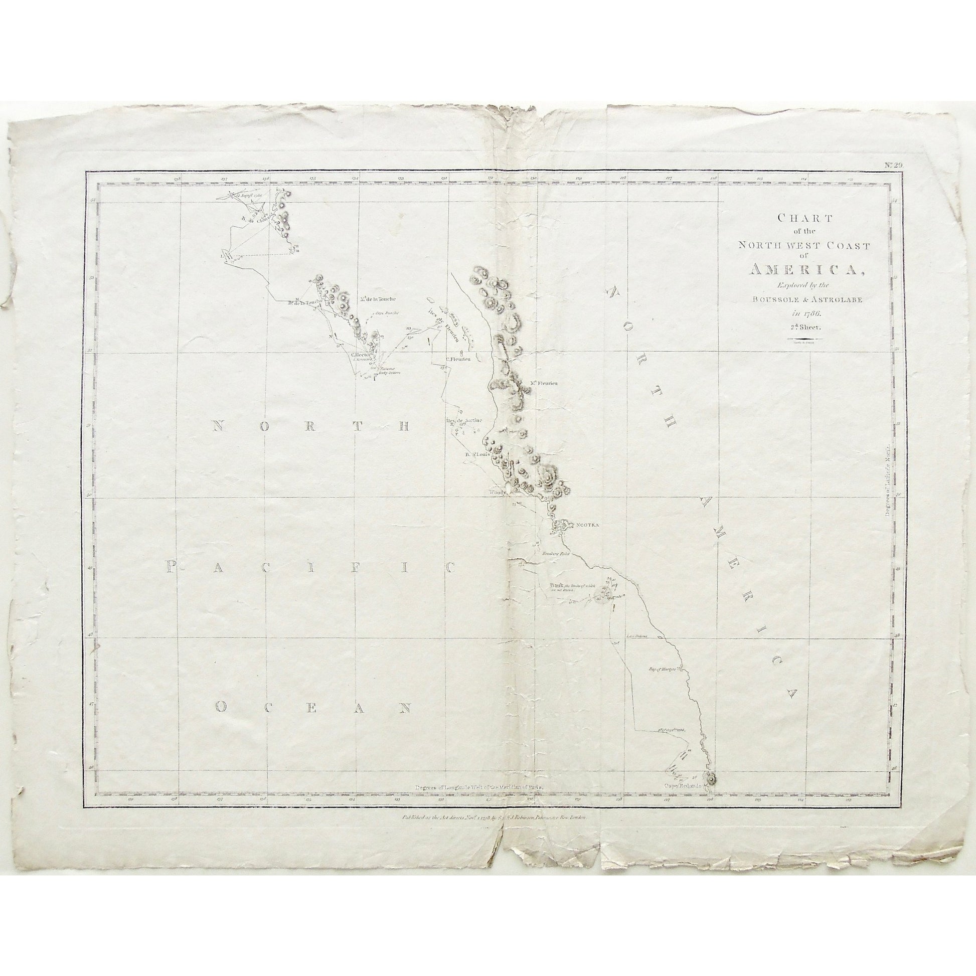 Chart, Charts, Charting, Map, Maps, Mapping, Mapmaking, North West Coast, North West Coast of North America, North America, NorthWest, Coast, Coastline, North Pacific Ocean, Pacific Ocean, Baie de Clonard, Baie de la Touche, Cape Buache, 13 August 1786, 1786, Cape Hector, Isle Kerouard, Fathoms, Rocky Bottom, Iles de Fleurieu, Cape Fleurieu, Mont Fleurieu, Iles de Sartine, Baie St. Louis, Woody, Nootka, British Colombia, Vancouver, Breaker's Point, Bank, Isle des Dolores, Bay of Martyrs, Cape Redondo, Merid