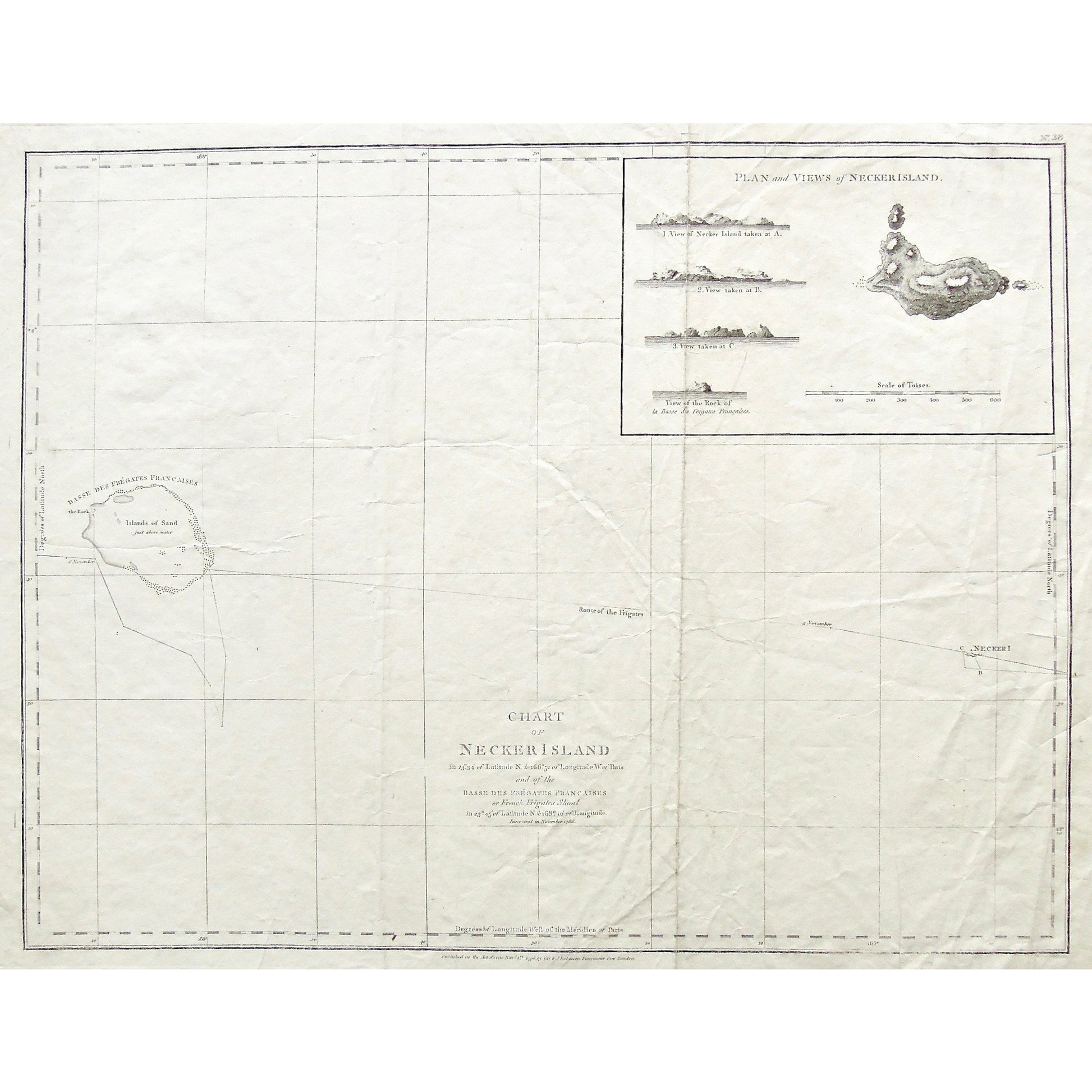 Chart, Charting, Charts, Map, Mapping, Maps, Mapmaking, Chart of Necker Island, Necker Island, Basse des Frégates Francaises, French Frigates, Plan of Necker Island, Views of Necker Island, Views, Plan, Scale of Toises, Route of the Frigates, Route, Frégates Françaises, Islands of Sand, La Perousse, G. G. & J. Robinson, Paternoster Row, London, November 1786, 1786, Shoal, British Virgin Islands, BVI, B.V.I., Caribbean, Caribbean Island, Island, Islands, Antique Print, Antique, Prints, Vintage, Vintage Ar