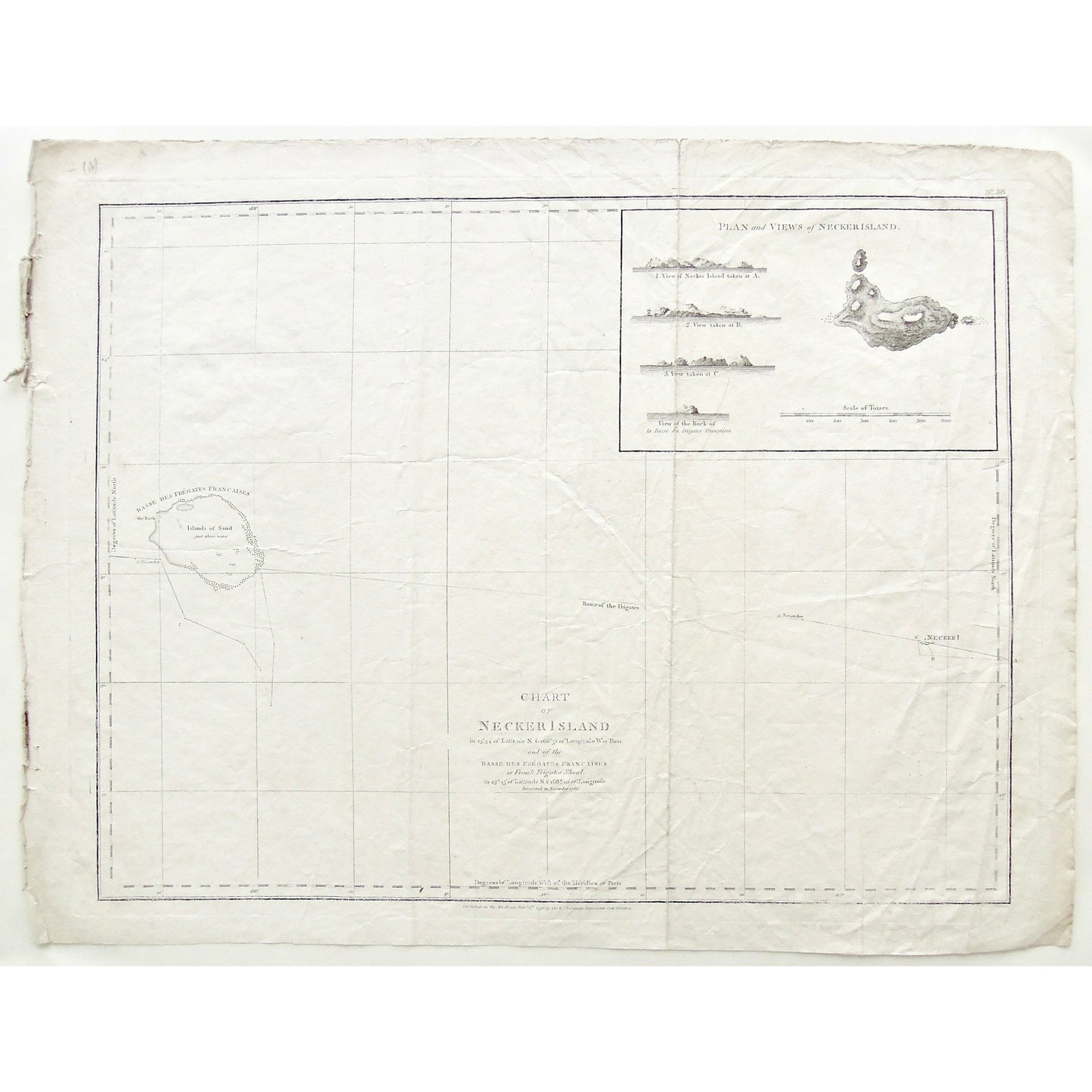 Chart, Charting, Charts, Map, Mapping, Maps, Mapmaking, Chart of Necker Island, Necker Island, Basse des Frégates Francaises, French Frigates, Plan of Necker Island, Views of Necker Island, Views, Plan, Scale of Toises, Route of the Frigates, Route, Frégates Françaises, Islands of Sand, La Perousse, G. G. & J. Robinson, Paternoster Row, London, November 1786, 1786, Shoal, British Virgin Islands, BVI, B.V.I., Caribbean, Caribbean Island, Island, Islands, Antique Print, Antique, Prints, Vintage, Vintage Ar