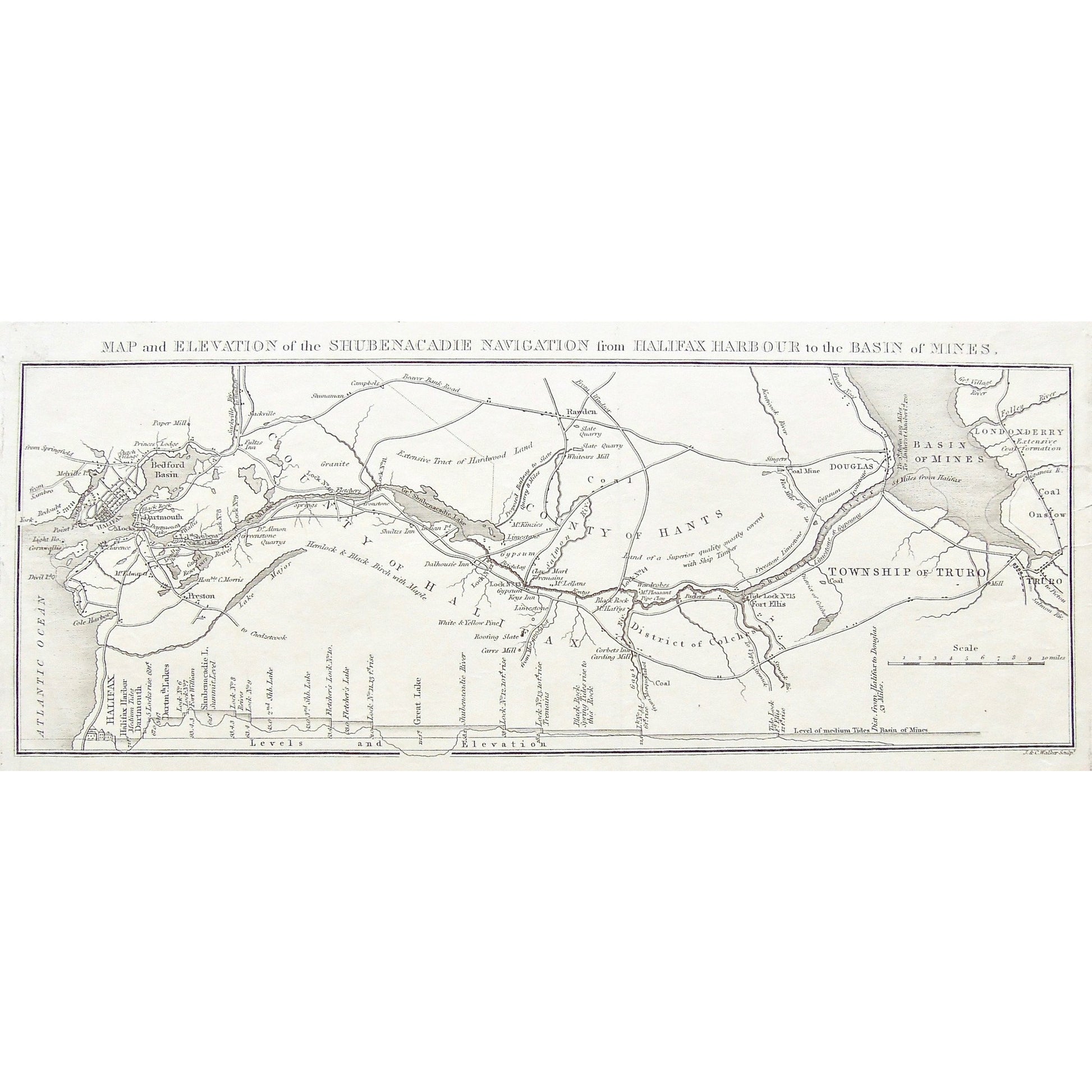 Map, Elevation, Shubenacadie, Navigation, Halifax, Harbour, Basin, Mines, Basin of mines, County of Hantes, Township of Truro, Truro, Hantes, District of Colchester, Colchester, County of Halifax, Halifax, Bedford Basin, Halifax Harbour, Douglas, Londonderry, Dartmouth, Preston, Levels, Paper Mill, Granite, Birch, Hardwood, Coal Mine, Fort Elhs, Black Rock, Limestone, Gypsum, Rock, Stone, Dalhousie Inn, Shultz's Inn, Rawden, Faden, Walker, London, 1830, Copper engraving, Antique print, Maps, Mapping, Chart,