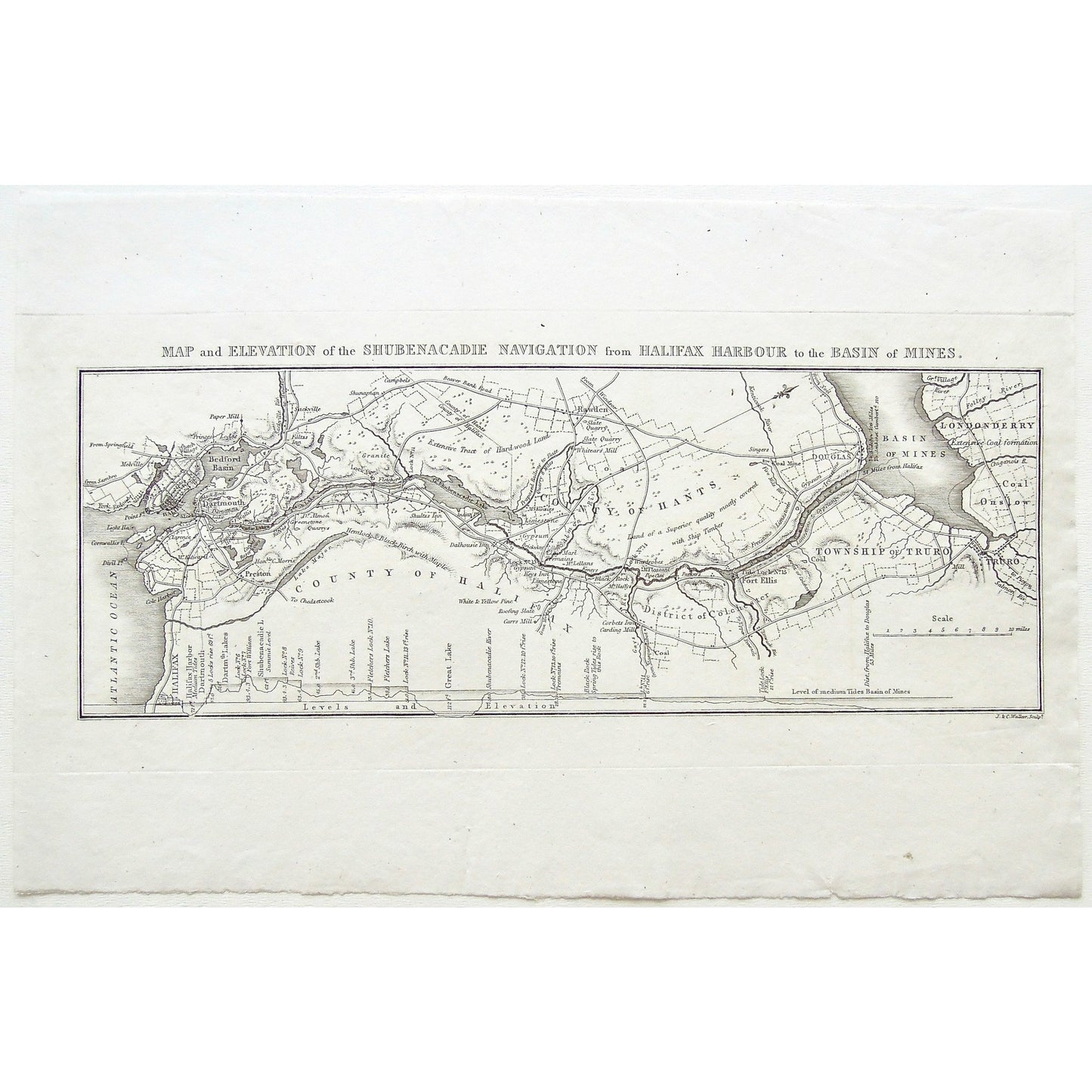 Map, Elevation, Shubenacadie, Navigation, Halifax, Harbour, Basin, Mines, Basin of mines, County of Hantes, Township of Truro, Truro, Hantes, District of Colchester, Colchester, County of Halifax, Halifax, Bedford Basin, Halifax Harbour, Douglas, Londonderry, Dartmouth, Preston, Levels, Paper Mill, Granite, Birch, Hardwood, Coal Mine, Fort Elhs, Black Rock, Limestone, Gypsum, Rock, Stone, Dalhousie Inn, Shultz's Inn, Rawden, Walker, London, 1830, Antique Print, Maps, Mapping, Chart, Charts, Charting, 