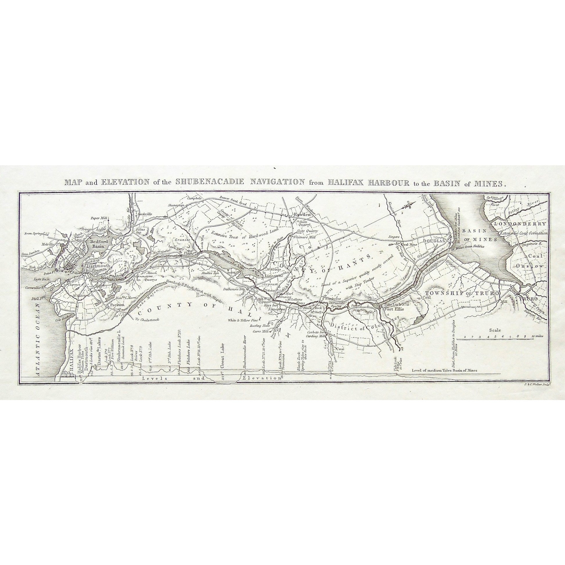 Map, Elevation, Shubenacadie, Navigation, Halifax, Harbour, Basin, Mines, Basin of mines, County of Hantes, Township of Truro, Truro, Hantes, District of Colchester, Colchester, County of Halifax, Halifax, Bedford Basin, Halifax Harbour, Douglas, Londonderry, Dartmouth, Preston, Levels, Paper Mill, Granite, Birch, Hardwood, Coal Mine, Fort Elhs, Black Rock, Limestone, Gypsum, Rock, Stone, Dalhousie Inn, Shultz's Inn, Rawden, Walker, London, 1830, Antique Print, Maps, Mapping, Chart, Charts, Charting, 