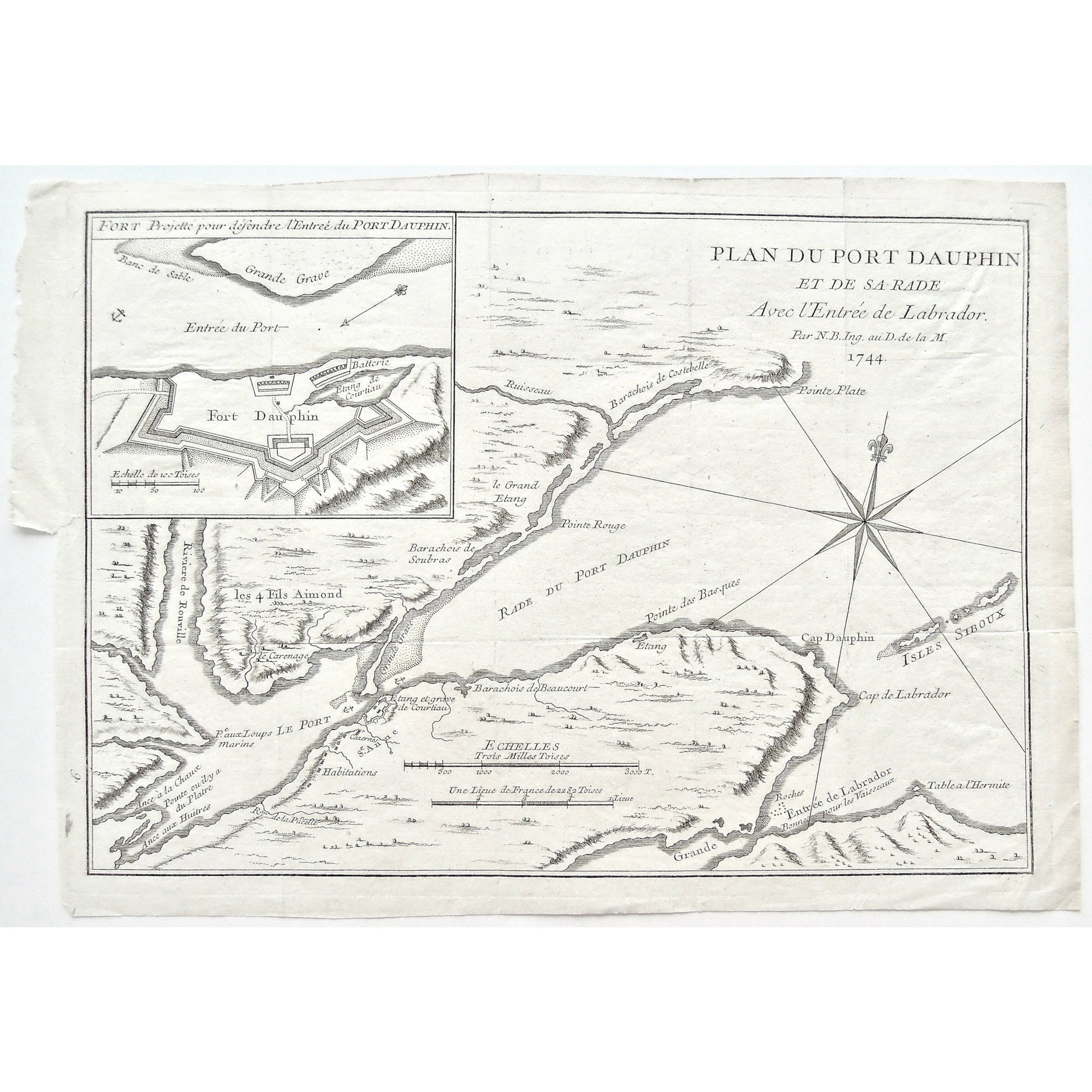 Port Dauphin, Plan, Chart, Charting, Charts, Map, Maps, Mapping, Fort, Grande Grave, Batterie, Etang de Courtiau, Banc de Sable, Pointe Plate, Barachois de Costebelle, Ruisseau, Le Grand Etang, Pointe Rouge, Barachois, Barachois de Soubras, Costebelle, Les Quatre Fils Aimond, Le Carenage, Riviere de Rouville, Pointe aux Luops Marins, Loups Marins, Le Port, Ance à la Chaux, Pointe ou il y a du Plaitre, Ance aux Huitres, Pucelle, Habitations, Ste. Anne, Etang de grave de Courtiau, Barachois de Beaucourt, Bea