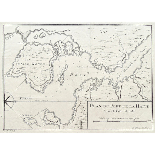 Plan du Port de la Haive, Plan, Port de la Haive, Riviere de la Haive, La Haive, à côte d'Accadie, l'Accadie, Ance aux huitres, Port, Fort, isle Marotte, Ance pour des Chaloupes, Isle Ronde, Cape de la Haive, Isle aux Liévres, Isle st. Jean, Isles Françoises, Habitations, Roches aux Cormorans, Isle Basse, Compass, Nicolas Bellin, Jacques Nicolas Bellin, Charlevoix, 1744, Ingenieur Marine, Marine Engineer, Dheulland, Map, Maps, Mapping, Chart, Charts, Charting, Antique Map, Antique Print, Antique, Prints