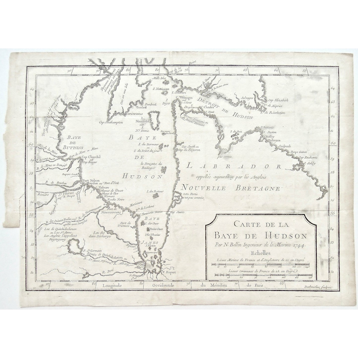 Carte, Cartes, Carte de la Baye De Hudson, Hudson Bay, Hudson's Bay, Baye D'Hudson, Carte de la Baye d'Hudson, Labrador, Nouvelle Bretagne, New England, Detroit de Hudson, Baye de Hudson, James Bay, James' Bay, Baye James, Fort Rupert, Baye de Buttons, Isle Mansfield, Mansfield Island, Cap Elizabeth, Cape Elizabeth, Cap Southampton, Cape Southampton, Cap Churchill, Cape Churchill, Mille Isles, Desbruslins, Nicolas Bellin, Bellin, Jacques Nicolas Bellin, Marine Engineer, Ingenieur de la Marine, 1744, Charlev