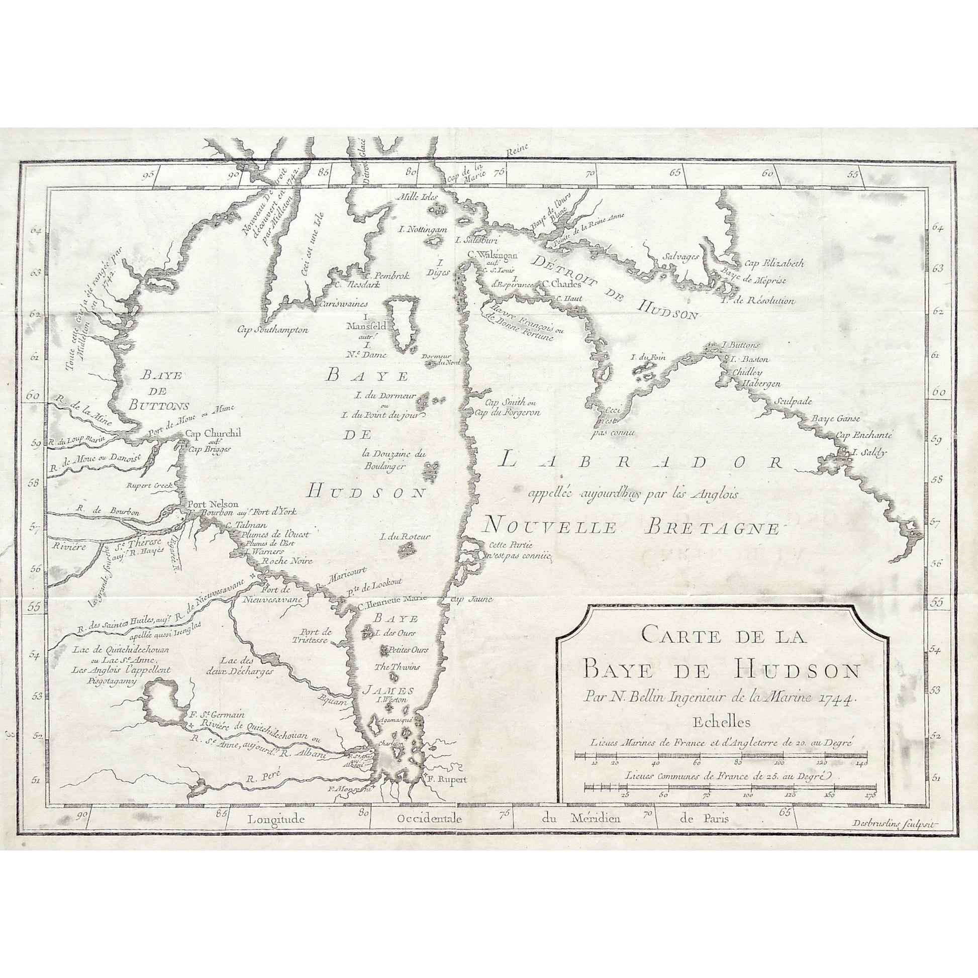 Carte, Cartes, Carte de la Baye De Hudson, Hudson Bay, Hudson's Bay, Baye D'Hudson, Carte de la Baye d'Hudson, Labrador, Nouvelle Bretagne, New England, Detroit de Hudson, Baye de Hudson, James Bay, James' Bay, Baye James, Fort Rupert, Baye de Buttons, Isle Mansfield, Mansfield Island, Cap Elizabeth, Cape Elizabeth, Cap Southampton, Cape Southampton, Cap Churchill, Cape Churchill, Mille Isles, Desbruslins, Nicolas Bellin, Bellin, Jacques Nicolas Bellin, Marine Engineer, Ingenieur de la Marine, 1744, Charlev