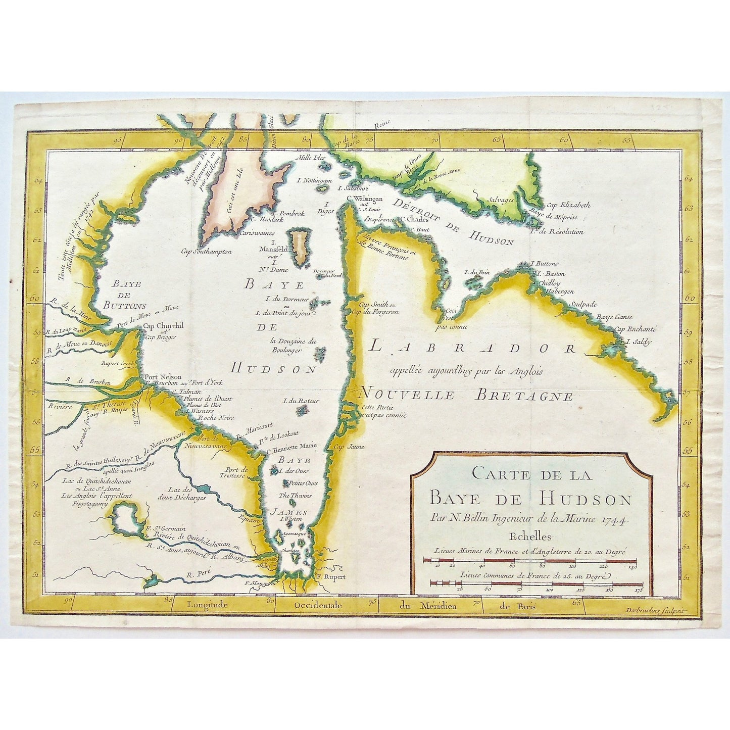 Carte, Cartes, Carte de la Baye De Hudson, Hudson Bay, Hudson's Bay, Baye D'Hudson, Carte de la Baye d'Hudson, Labrador, Nouvelle Bretagne, New England, Detroit de Hudson, Baye de Hudson, James Bay, James' Bay, Baye James, Fort Rupert, Baye de Buttons, Isle Mansfield, Mansfield Island, Cap Elizabeth, Cape Elizabeth, Cap Southampton, Cape Southampton, Cap Churchill, Cape Churchill, Mille Isles, Desbruslins, Nicolas Bellin, Bellin, Jacques Nicolas Bellin, Marine Engineer, Ingenieur de la Marine, 1744, Charlev