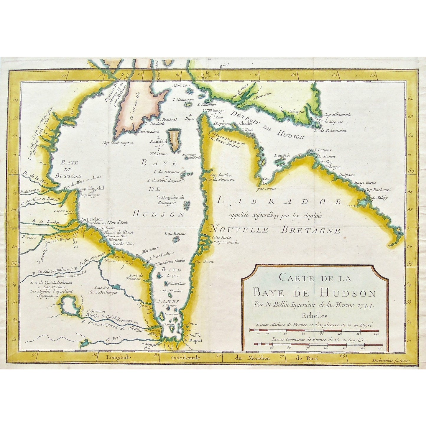 Carte, Cartes, Carte de la Baye De Hudson, Hudson Bay, Hudson's Bay, Baye D'Hudson, Carte de la Baye d'Hudson, Labrador, Nouvelle Bretagne, New England, Detroit de Hudson, Baye de Hudson, James Bay, James' Bay, Baye James, Fort Rupert, Baye de Buttons, Isle Mansfield, Mansfield Island, Cap Elizabeth, Cape Elizabeth, Cap Southampton, Cape Southampton, Cap Churchill, Cape Churchill, Mille Isles, Desbruslins, Nicolas Bellin, Bellin, Jacques Nicolas Bellin, Marine Engineer, Ingenieur de la Marine, 1744, Charlev