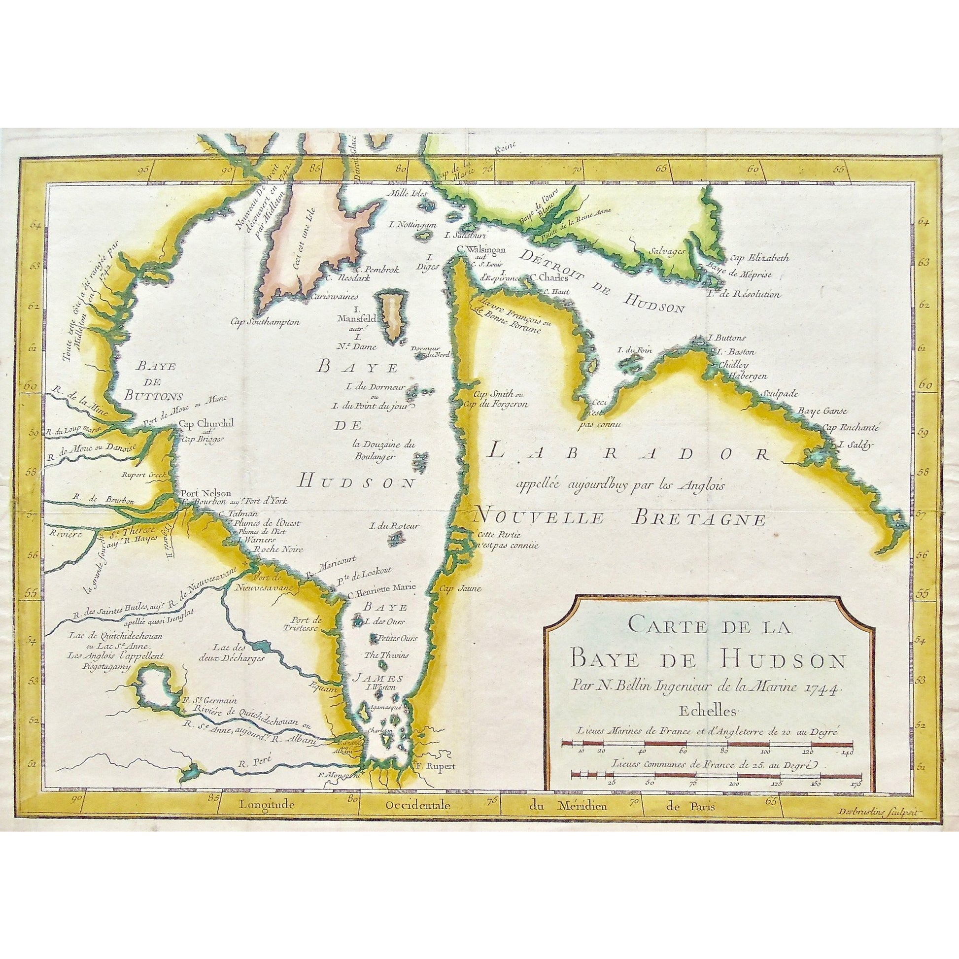 Carte, Cartes, Carte de la Baye De Hudson, Hudson Bay, Hudson's Bay, Baye D'Hudson, Carte de la Baye d'Hudson, Labrador, Nouvelle Bretagne, New England, Detroit de Hudson, Baye de Hudson, James Bay, James' Bay, Baye James, Fort Rupert, Baye de Buttons, Isle Mansfield, Mansfield Island, Cap Elizabeth, Cape Elizabeth, Cap Southampton, Cape Southampton, Cap Churchill, Cape Churchill, Mille Isles, Desbruslins, Nicolas Bellin, Bellin, Jacques Nicolas Bellin, Marine Engineer, Ingenieur de la Marine, 1744, Charlev