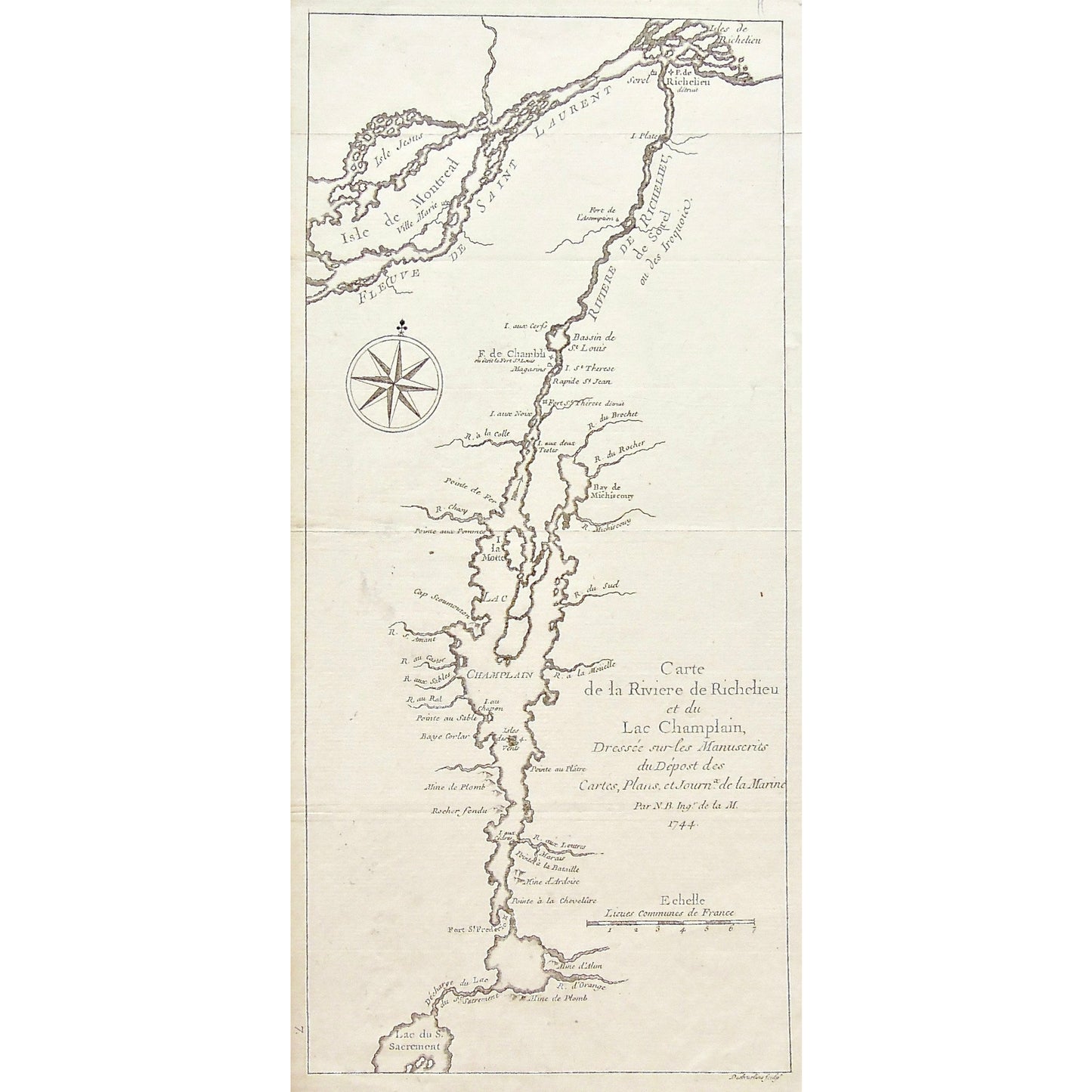 Carte de la Riviere de Richelieu, Carte, Cartes, Riviere de Richelieu, Riviere, River, Richelieu, Richelieu River, Lac Champlain, Lake Champlain, Plans, Map, Maps, Mapping, Chart, Charts, Charting, Isle Jesus, Isle de Montreal, Montreal, Island of Montreal, Ville Marie, Fleuve St. Laurent, St. Lawrence River, Isle de Richelieu, Fort de Richelieu, Sorel, Isle Plate, Fort de l'Assomption, Iroquois, Fort Chamblis, Bassin de St. Louis, Fort de Chambli, Lac du S. Sacrement, Lake St. Sacrement, Isle au Chapon, Is