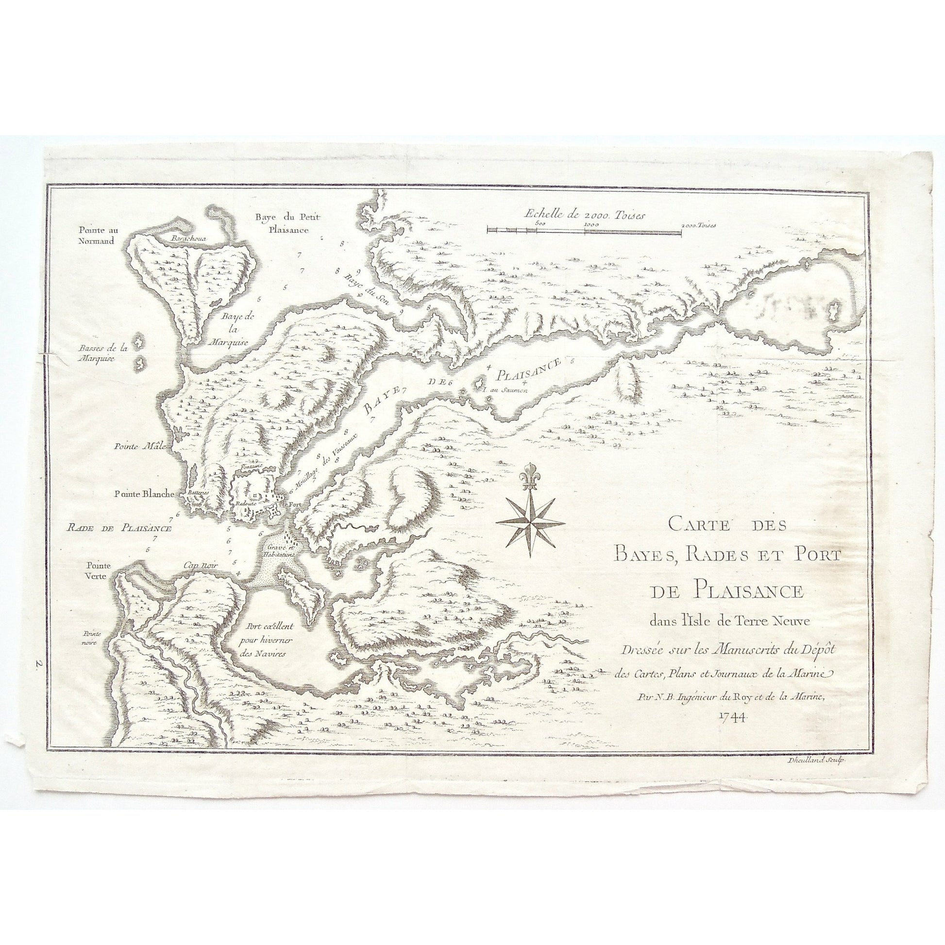 Carte, Cartes, Carte des Bayes, Rades, Port de Plaissance, Port, Plaissance, Baye des Rades, Baye de Plaissance, Baye de Petit Plaissance, Pointe au Normand, Barachoua, Bay, Bays, Baye du Son, Baye de la Marquise, Basses de la Marquise, Pointe Mâle, Pointe Blanche, Isle aux Saumon, Fort, Forts, Le Fort, Moüillage des Vaisseaux, Grave, Habitations, Rade de Plaissance, Pointe Verte, Cap Noir, Cape Black, Pointe Noir, Port Excellent pour Hiverner des Naivres, Hiverner des Naivres, Compass, Journaux de la Mar