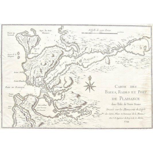 Carte, Cartes, Carte des Bayes, Rades, Port de Plaissance, Port, Plaissance, Baye des Rades, Baye de Plaissance, Baye de Petit Plaissance, Pointe au Normand, Barachoua, Bay, Bays, Baye du Son, Baye de la Marquise, Basses de la Marquise, Pointe Mâle, Pointe Blanche, Isle aux Saumon, Fort, Forts, Le Fort, Moüillage des Vaisseaux, Grave, Habitations, Rade de Plaissance, Pointe Verte, Cap Noir, Cape Black, Pointe Noir, Port Excellent pour Hiverner des Naivres, Hiverner des Naivres, Compass, Journaux de la Mar