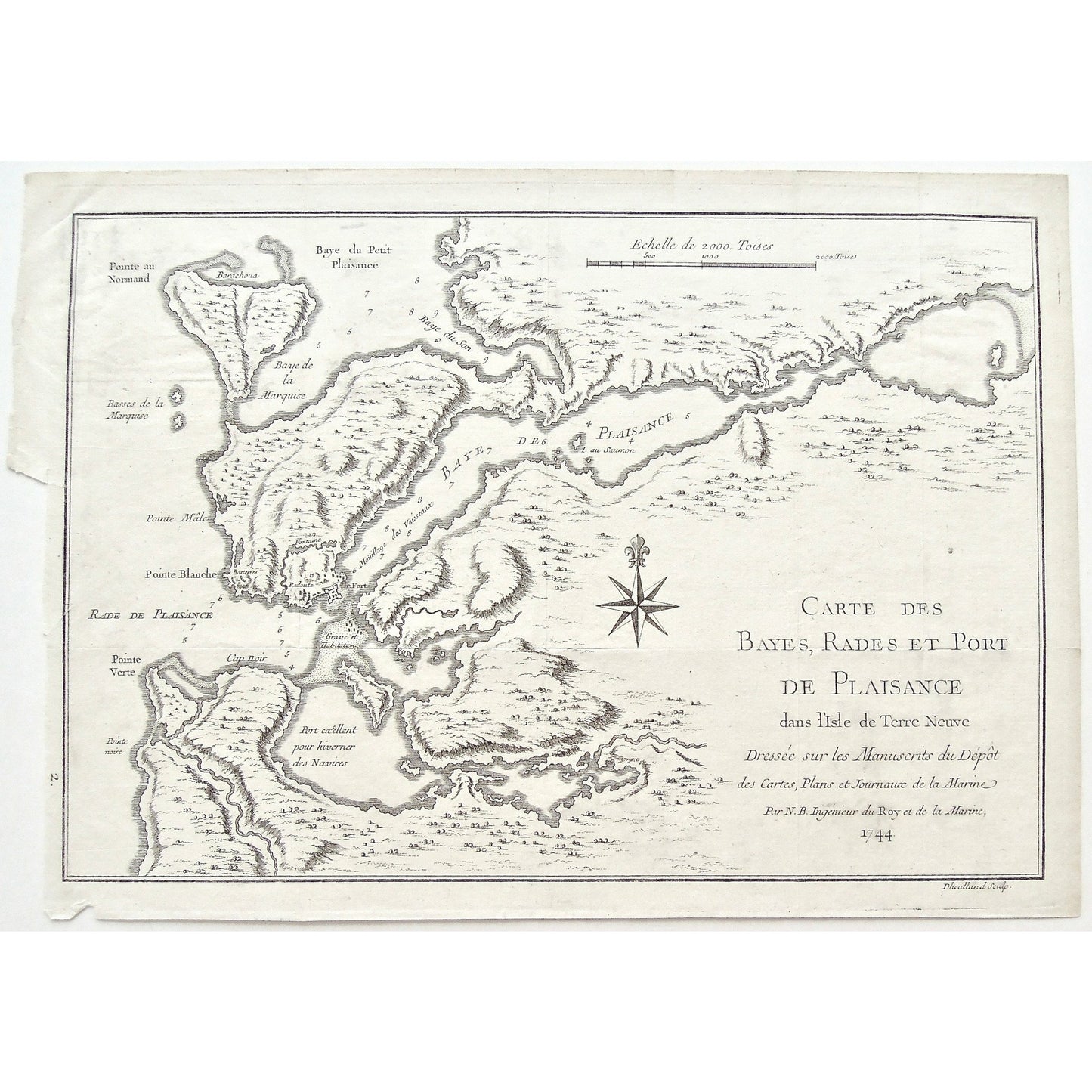 Carte, Cartes, Carte des Bayes, Rades, Port de Plaissance, Port, Plaissance, Baye des Rades, Baye de Plaissance, Baye de Petit Plaissance, Pointe au Normand, Barachoua, Bay, Bays, Baye du Son, Baye de la Marquise, Basses de la Marquise, Pointe Mâle, Pointe Blanche, Isle aux Saumon, Fort, Forts, Le Fort, Moüillage des Vaisseaux, Grave, Habitations, Rade de Plaissance, Pointe Verte, Cap Noir, Cape Black, Pointe Noir, Port Excellent pour Hiverner des Naivres, Hiverner des Naivres, Compass, Journaux de la Mar