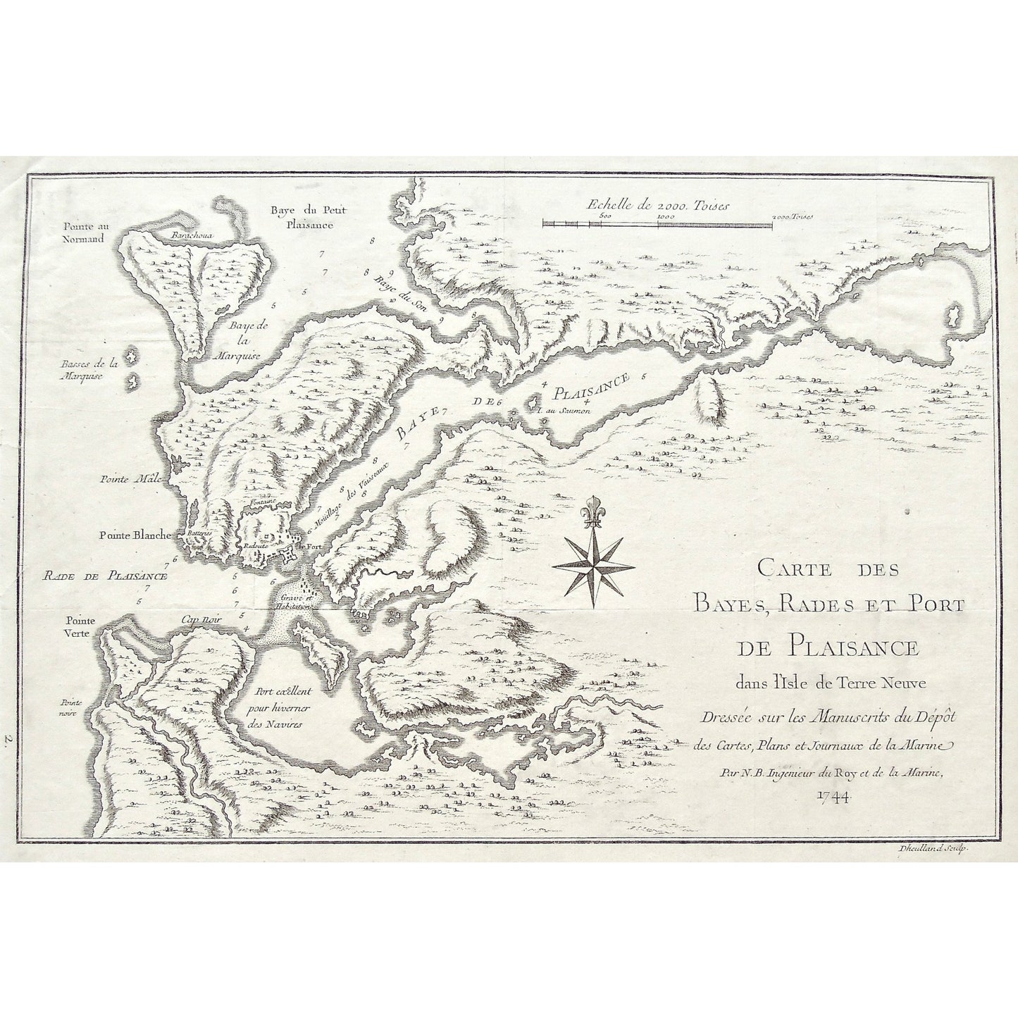 Carte, Cartes, Carte des Bayes, Rades, Port de Plaissance, Port, Plaissance, Baye des Rades, Baye de Plaissance, Baye de Petit Plaissance, Pointe au Normand, Barachoua, Bay, Bays, Baye du Son, Baye de la Marquise, Basses de la Marquise, Pointe Mâle, Pointe Blanche, Isle aux Saumon, Fort, Forts, Le Fort, Moüillage des Vaisseaux, Grave, Habitations, Rade de Plaissance, Pointe Verte, Cap Noir, Cape Black, Pointe Noir, Port Excellent pour Hiverner des Naivres, Hiverner des Naivres, Compass, Journaux de la Mar