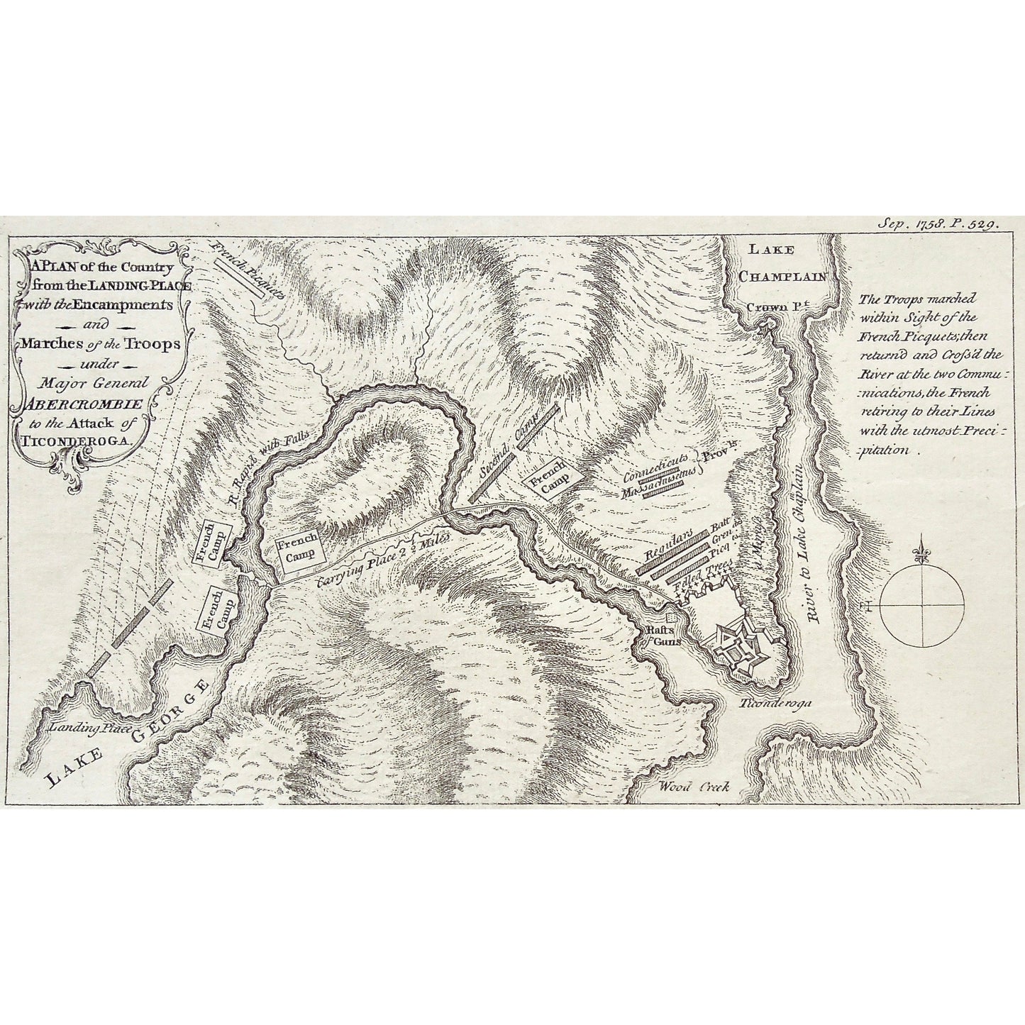 Plan, Landing Place, Encampments, Marches of the Troops, Marches, Troops, Major General Abercrombie, Abercrombie, Attack of Ticonderoga, Attack, Ticonderoga, Lake George, French Camp, French encampments, River Rapid with Falls, French Picquets, Carrying Place, Second Camp, Raft of Guns, Wood Creek, River to Lake Champlain, Lake Champlain, Crown Point, Connecticut, Massachusetts, Regulars, Ridge, Antique Prints, Antique, Prints, Original, Map, Maps, Map making, Rare Maps, Plans, Chart, Charts, Charting, art,