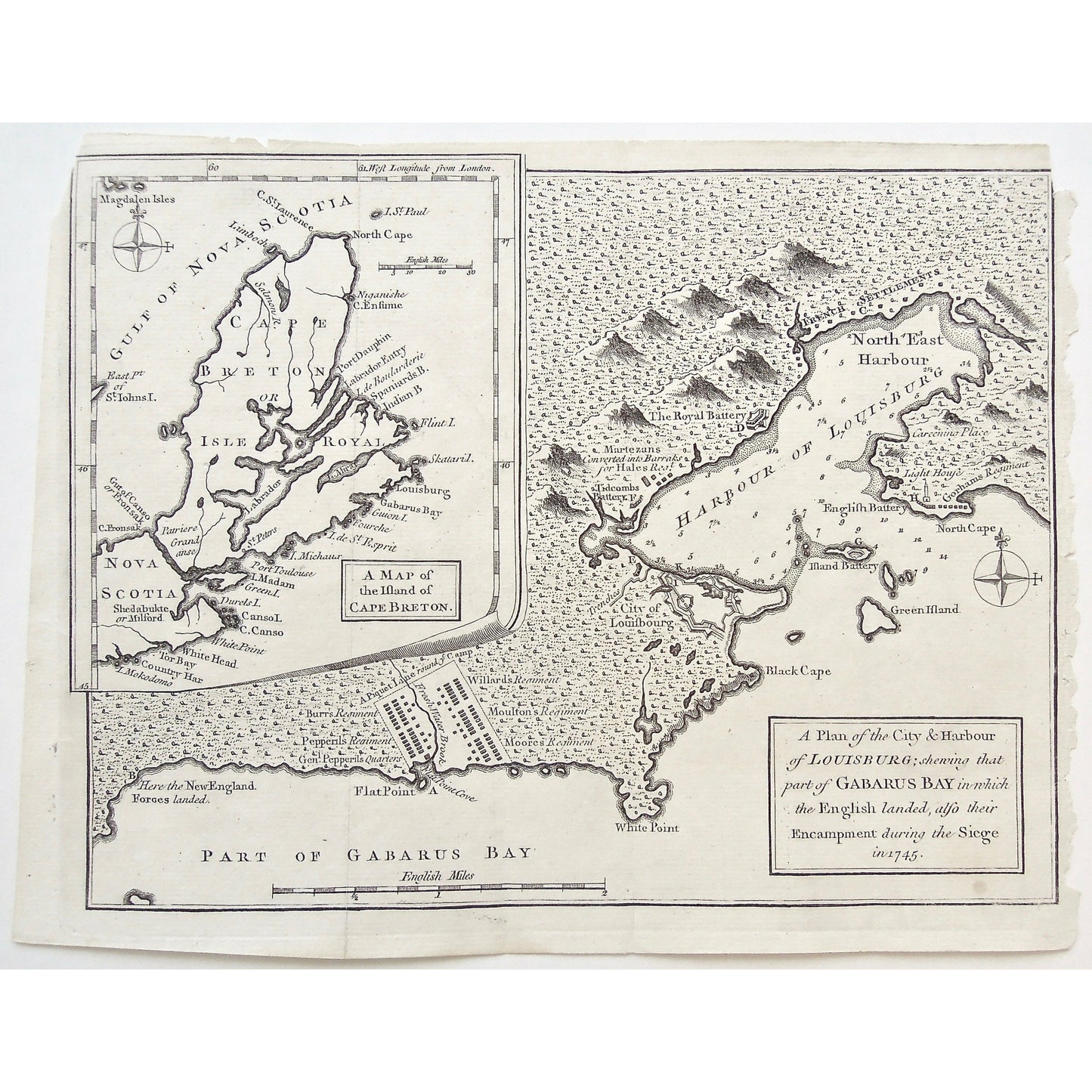 Plan, City, Harbour, Louisbourg, Gabarus Bay, English landed, Encampment, Siege, 1745, New England Forces Landed, Flat Point, Burr's Regiment, Pepperil's Regiment, General Pepperil, Gen. Pepperil's Quarters, Piquet lane, Labrador, Canada, Canadian Map, Canadian, Canadian Maps, Map, Maps, Mapping, Chart, Charts, Charting, Vintage, Antique, Antique Map, Original, Rare, Rare Maps, Original Maps, Collector, Unique, Art, Interior Decor, Interior Design, Home decor, Wall Art, office art, Gallery wall, Original, 