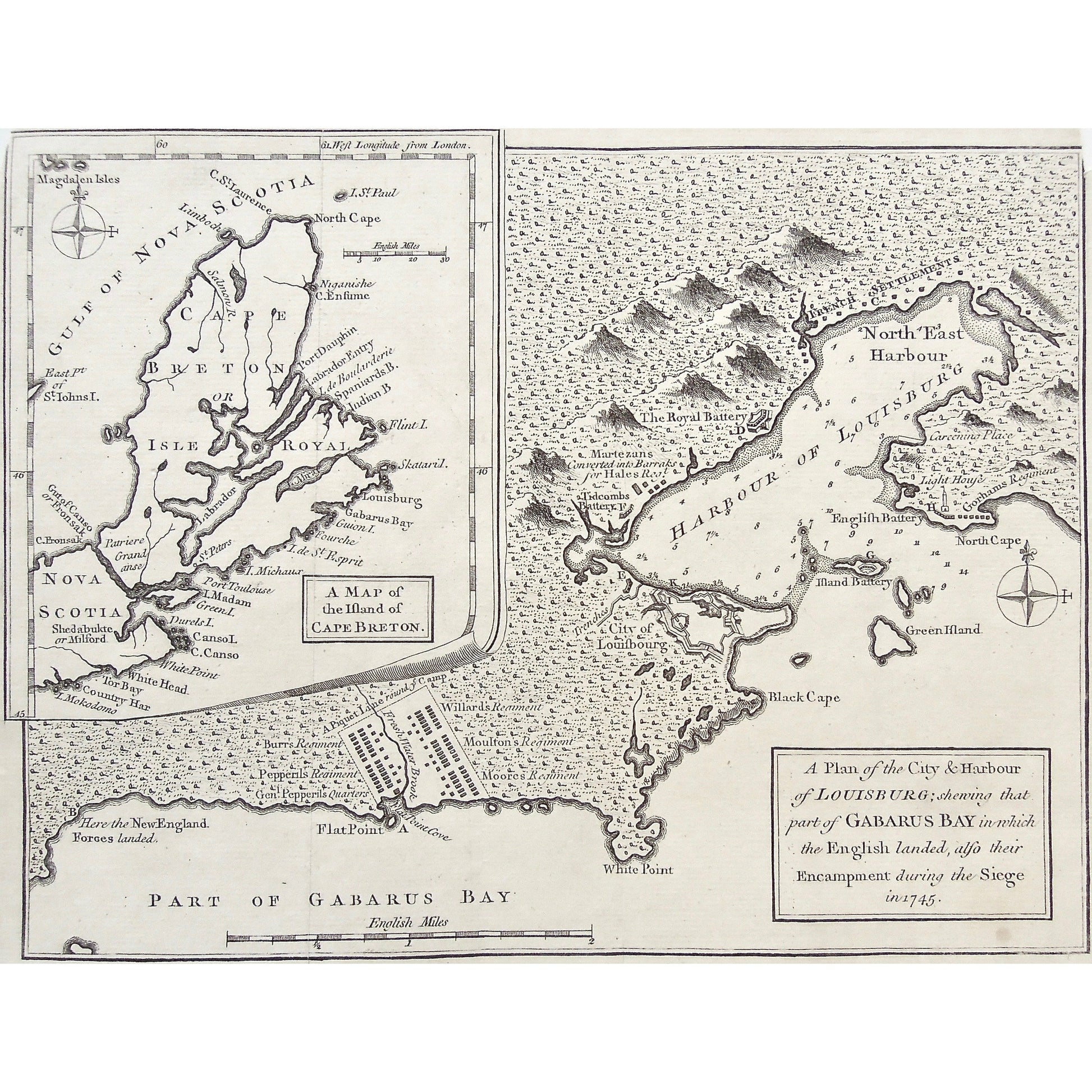 Plan, City, Harbour, Louisbourg, Gabarus Bay, English landed, Encampment, Siege, 1745, New England Forces Landed, Flat Point, Burr's Regiment, Pepperil's Regiment, General Pepperil, Gen. Pepperil's Quarters, Piquet lane, Labrador, Canada, Canadian Map, Canadian, Canadian Maps, Map, Maps, Mapping, Chart, Charts, Charting, Vintage, Antique, Antique Map, Original, Rare, Rare Maps, Original Maps, Collector, Unique, Art, Interior Decor, Interior Design, Home decor, Wall Art, office art, Gallery wall, Original, 