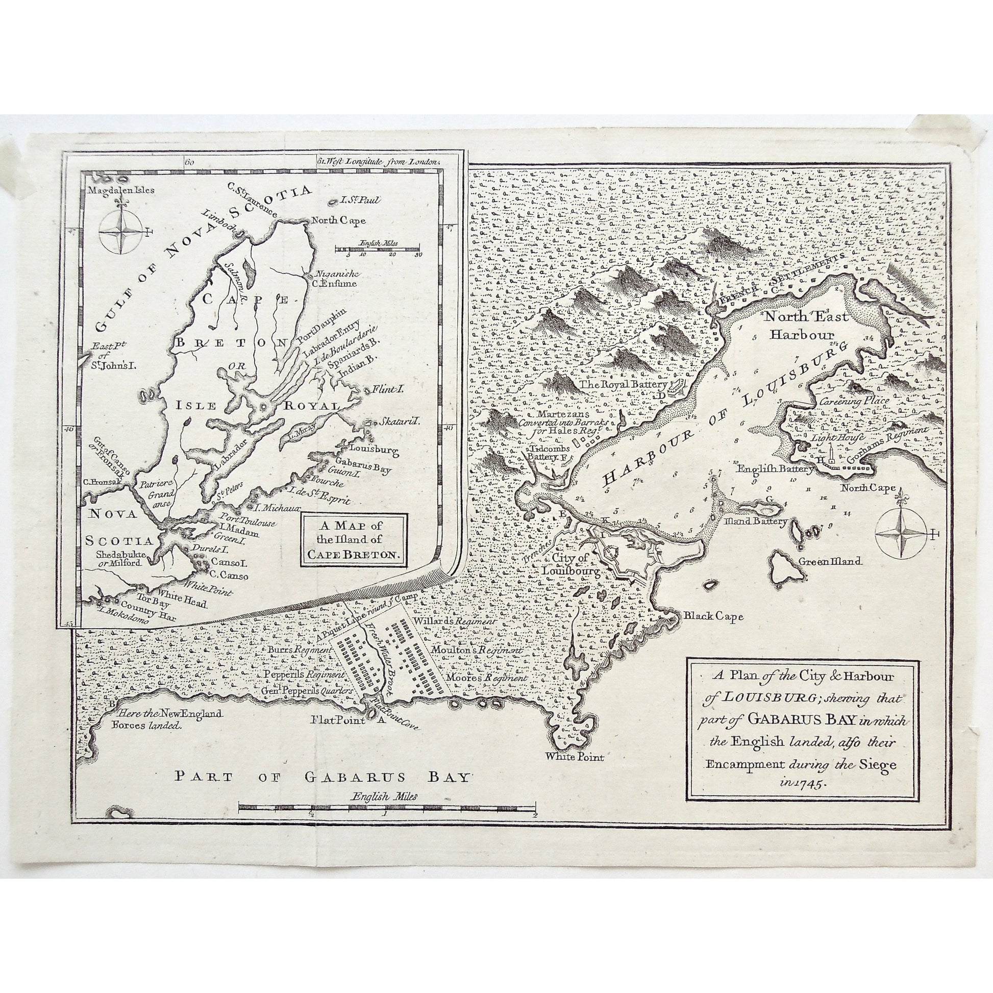 Plan, City, Harbour, Louisbourg, Gabarus Bay, English landed, Encampment, Siege, 1745, New England Forces Landed, Flat Point, Burr's Regiment, Pepperil's Regiment, General Pepperil, Gen. Pepperil's Quarters, Piquet lane, Flat Point Cove, Fresh Water Brook, Willard's Regiment, Moulton's Regiment, Moore's Regiment, White Point, City of Louisbourg, Labrador, Map, Maps, Mapping, Chart, Charts, Charting, Vintage, Antique, Antique Map, Original, Rare, Rare Maps, Original Maps, Collector, Unique, Engraving, Copper