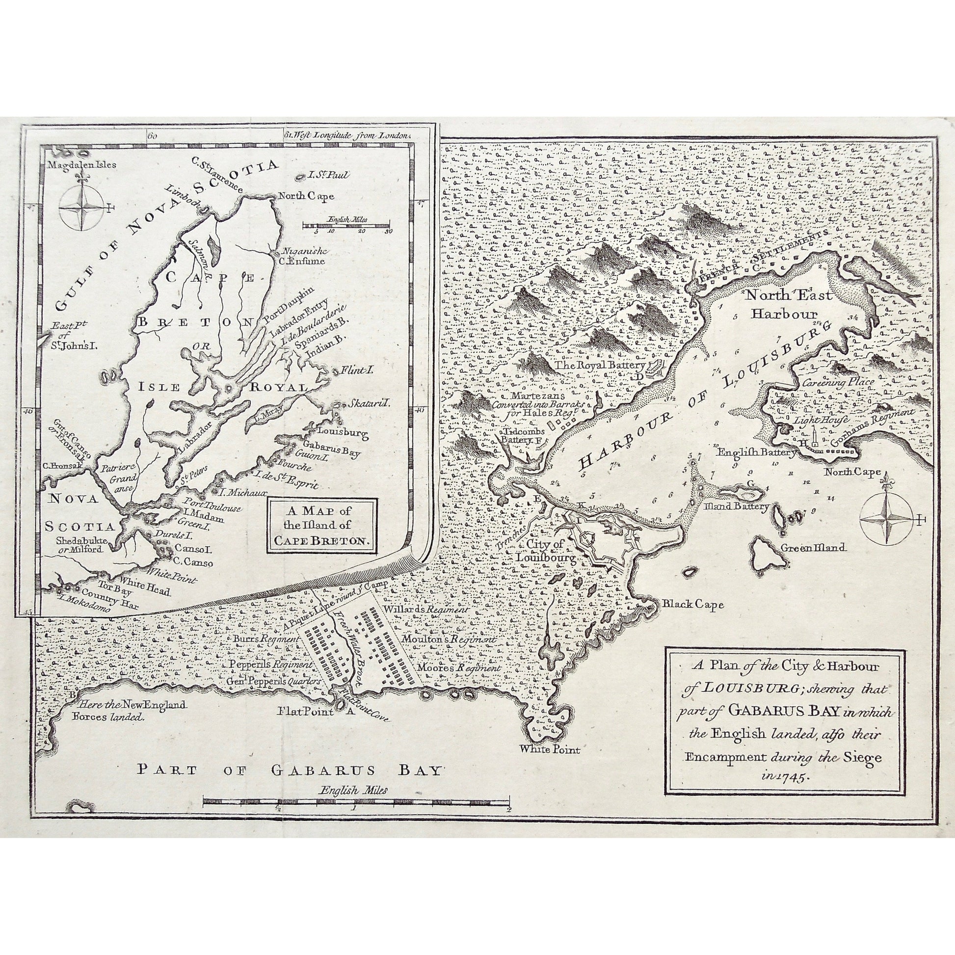 Plan, City, Harbour, Louisbourg, Gabarus Bay, English landed, Encampment, Siege, 1745, New England Forces Landed, Flat Point, Burr's Regiment, Pepperil's Regiment, General Pepperil, Gen. Pepperil's Quarters, Piquet lane, Flat Point Cove, Fresh Water Brook, Willard's Regiment, Moulton's Regiment, Moore's Regiment, White Point, City of Louisbourg, Labrador, Map, Maps, Mapping, Chart, Charts, Charting, Vintage, Antique, Antique Map, Original, Rare, Rare Maps, Original Maps, Collector, Unique, Engraving, Copper