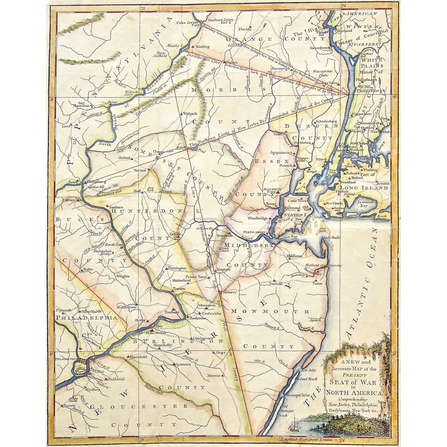 New and Accurate Map, Present Seat of War, Seat of War, Seat of War in North America, New Jersey, Philadelphia, Pensylvania, Pennsylvania, New York, Atlantic Ocean, Gloucester County, Philadelphia, Burlington County, Monmouth County, Buck's County, Hunterdon County, Middlesex County, Staten Island, Long Island, Essex County, Somerset County, Bergen County, North County, Orange County, Map, Maps, Mapping, Chart, Charts, Charting, Map of North East US, Map of North East, Map of New York, Map of New Jersey, 