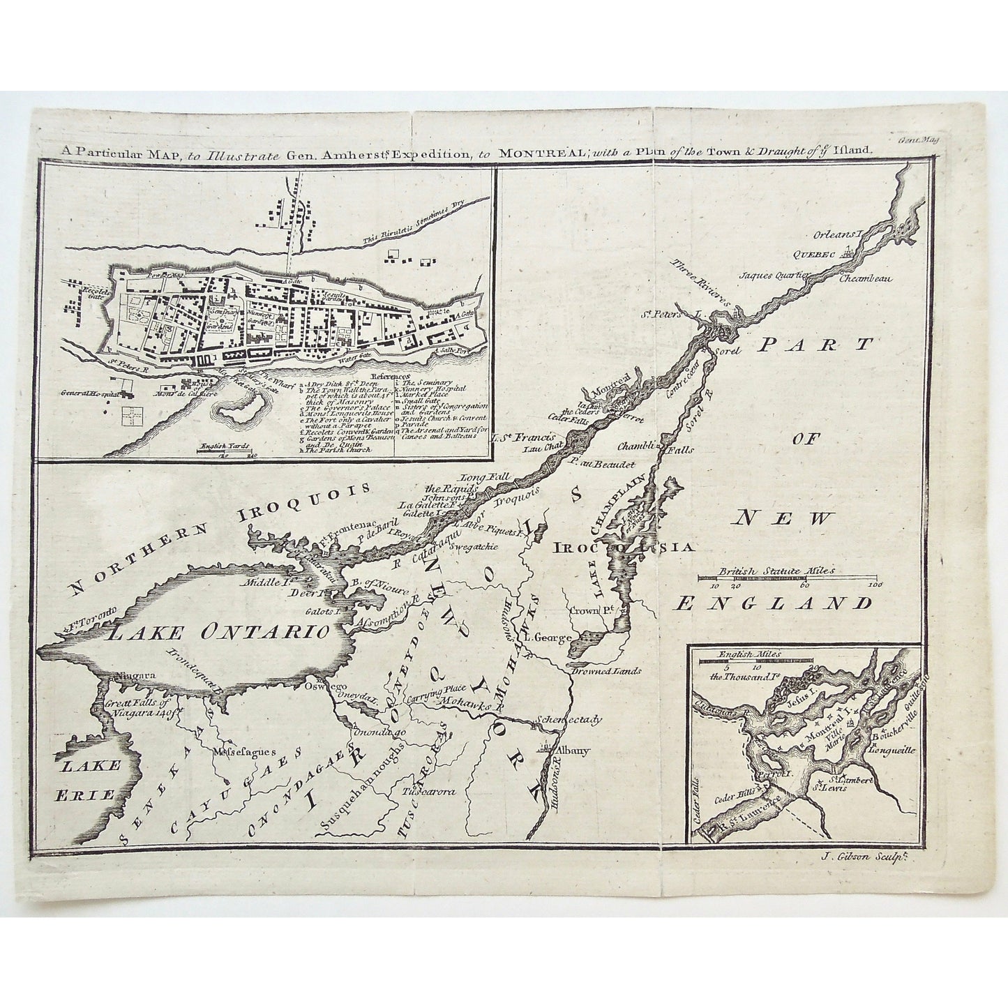 Particular Map, Map, Gen. Amherst, General Amherst, General Amherst's Expedition, Expedition to Montreal, Montreal, Expedition, Plan of the Town, Draught, Part of New England, New England, Orleans, Quebec, Jacques Cartier, Chambeau, Three Rivers, Trois Rivieres, Sorel, St. Peters Chamblis, Lake Champlain, Crown Point, Irocoisia, Iroquois, Parish Church, Seminary, Nunnery Hospital, General Hospital, Jesuit Church, Aresnal, Yard for Canoes, Batteau, Map, Maps, Mapping, Chart, Charts, Charting, Boucherville, 