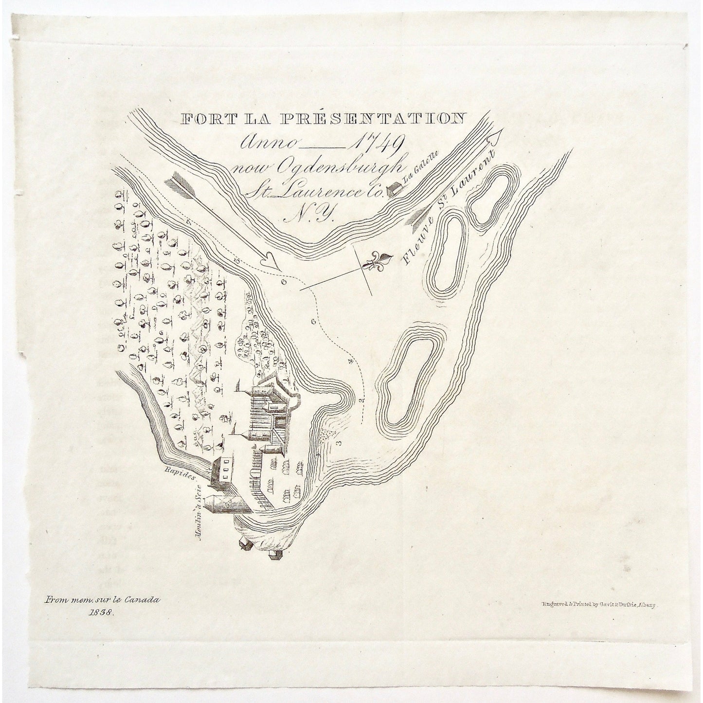 Fort La Présentation, 1749, Ogdensburgh, St. Lawrence, Fleuve St. Laurent, St. Lawrence River, Rapids, La Galette, Moulin a Seie, 1858, Mem. sur le Canada, Memoires sur le Canada, Map, Maps, mapping, Chart, Charts, Charting, Gavit & Duthie, Gavit and Duthie, Albany, Antique Print, Antique Prints, Prints, Map making, engraving, original, rare, unique, rare books, rare prints, vintage, home decor, interior decor, gallery wall, inspiration, town, village, plans, River, River way, Fort, Forts, Battle, Army, 