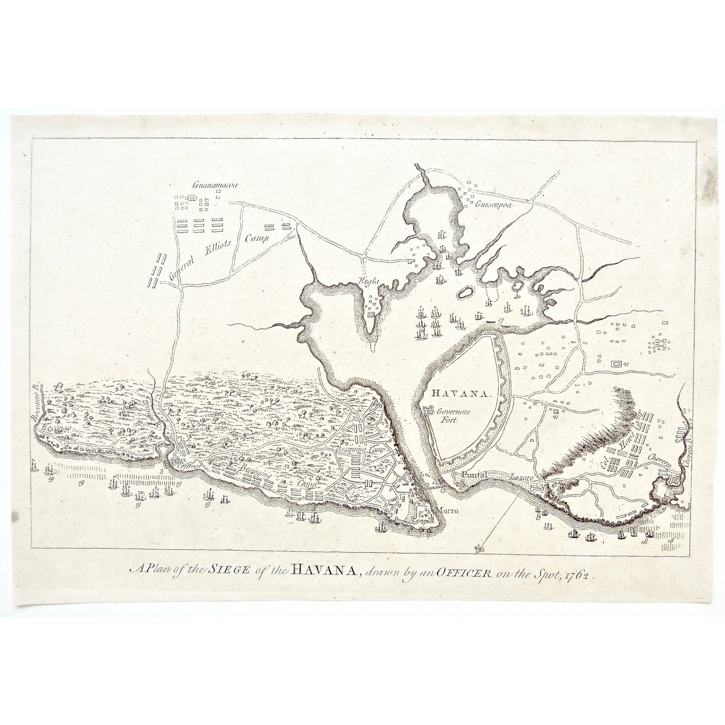 Plan, Plan of the Siege, Plan of the Siege of Havana, Siege of Havana, Officer, Drawn by an Officer, Drawn on the spot, 1762, Havana, Guescapoa, Regla, Guanamacoa, General Elliot, General Elliot's Camp, Governors Fort, Col. How's Camp, Col, How, Chorera, Chorera River, Puntal, Lazaro, Morro, Besieging Camp, Cojumar, Cojumar River, Boconao, Boconao River, Cuba, Cuban, Cuban Port, Port of Havana, Havana Coastline, Map, Maps, Mapping, Chart, Charts, Charting, Map of Havana, Map of the Siege of Havana, Antique 