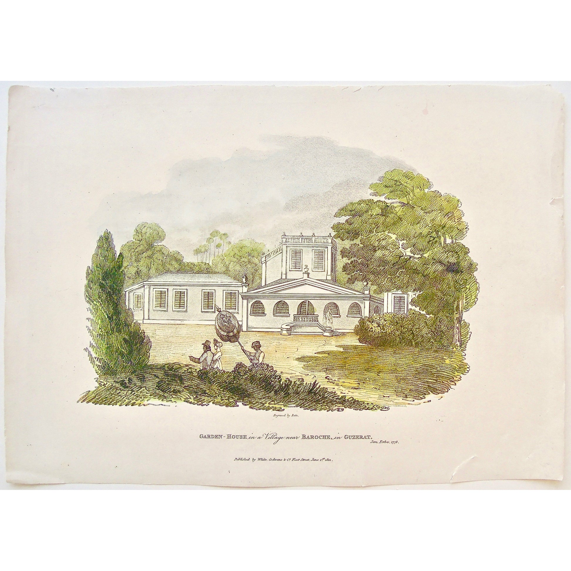 Garden House, Garden, House, Baroche, Bharuch, Guzerat, Gujarat, India, Indian, Property, Servant, umbrella, James Forbes, Forbes, Oriental Memoirs, Oriental, Memoirs, Seventeen Years Residence in India, White, Cochrane & Co., Horace’s Head, Fleet Street, London, 1813, 1812, 1778, Bate, Bensley, Bolt Court, Steel engraving, Antique Print, Antique, Prints, Vintage Prints, Vintage, Collector, Collectable, Original, Unique, Rare Map, Rare, Rare books, engravings, engraving, steel engraving, art history, histor