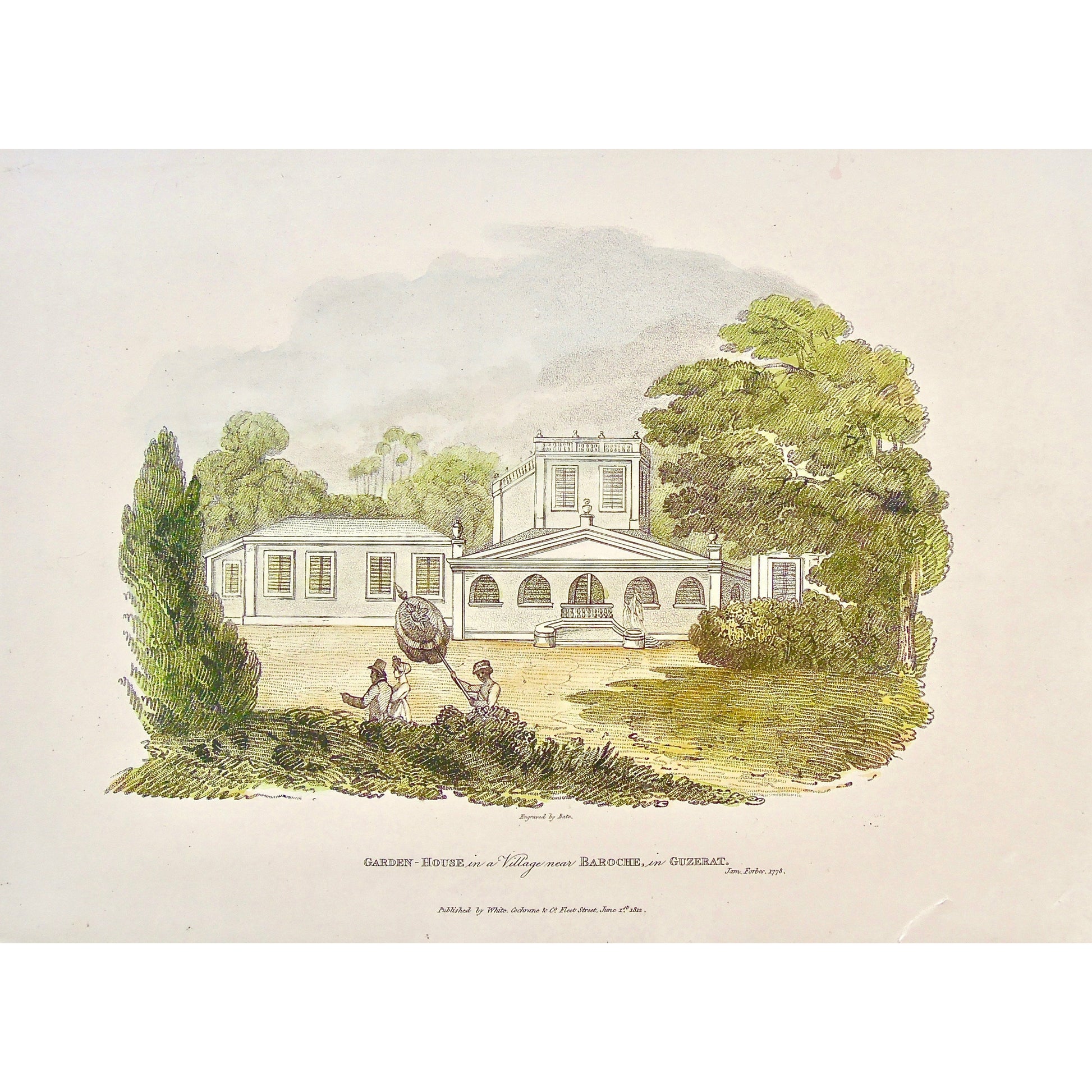 Garden House, Garden, House, Baroche, Bharuch, Guzerat, Gujarat, India, Indian, Property, Servant, umbrella, James Forbes, Forbes, Oriental Memoirs, Oriental, Memoirs, Seventeen Years Residence in India, White, Cochrane & Co., Horace’s Head, Fleet Street, London, 1813, 1812, 1778, Bate, Bensley, Bolt Court, Steel engraving, Antique Print, Antique, Prints, Vintage Prints, Vintage, Collector, Collectable, Original, Unique, Rare Map, Rare, Rare books, engravings, engraving, steel engraving, art history, histor