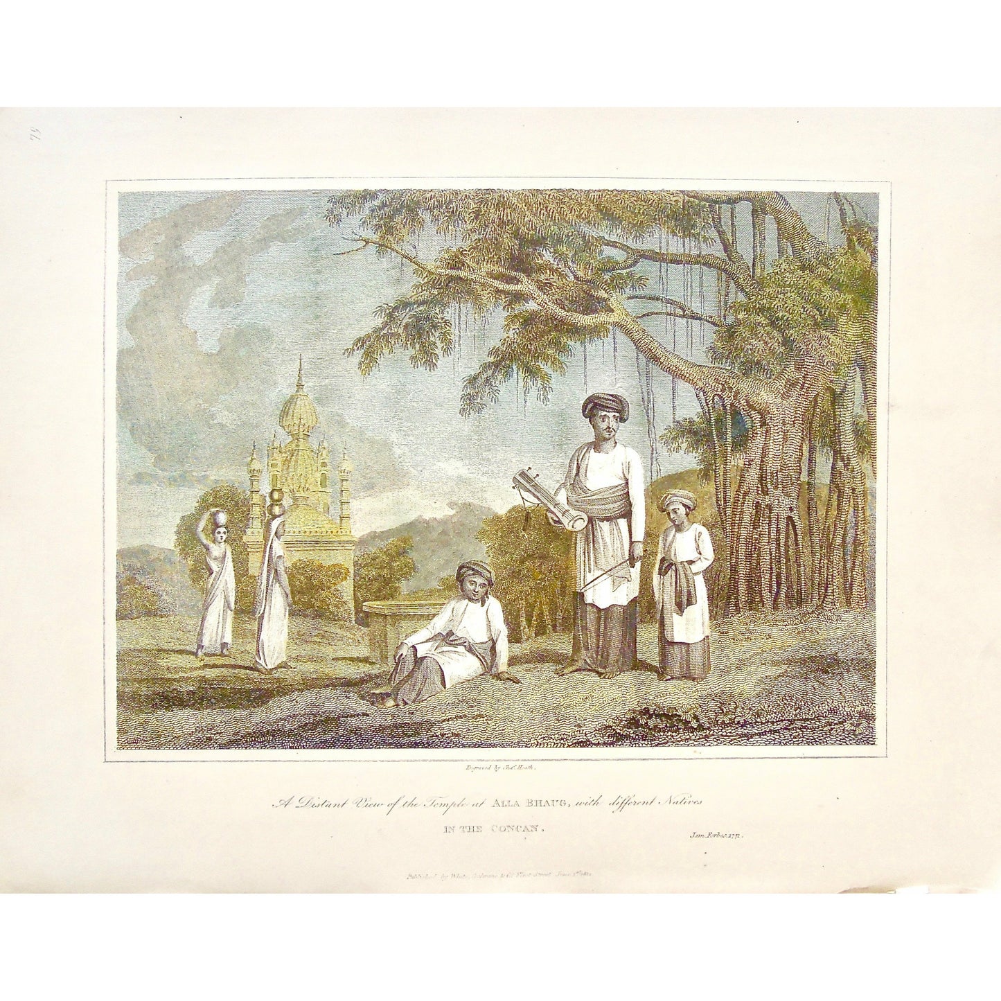 Distant view, View, Temple, Alla Bhaug, Native, Natives, Concan, India, Indian, Instrument, building, attire, clothing, allah Bhaag, Konkan, Karnataka, Goa, Maharashtra, children, sari, Water Carrying, Carrying water on head, Carrying water, pots, Scenery, James Forbes, Forbes, Oriental Memoirs, Oriental, Memoirs, Seventeen Years Residence in India, White, Cochrane & Co., Horace’s Head, Fleet Street, London, 1813, 1812, 1772, Heath, Bensley, Bolt Court, Antique Print, Antique, Prints, Vintage Prints, Vintag