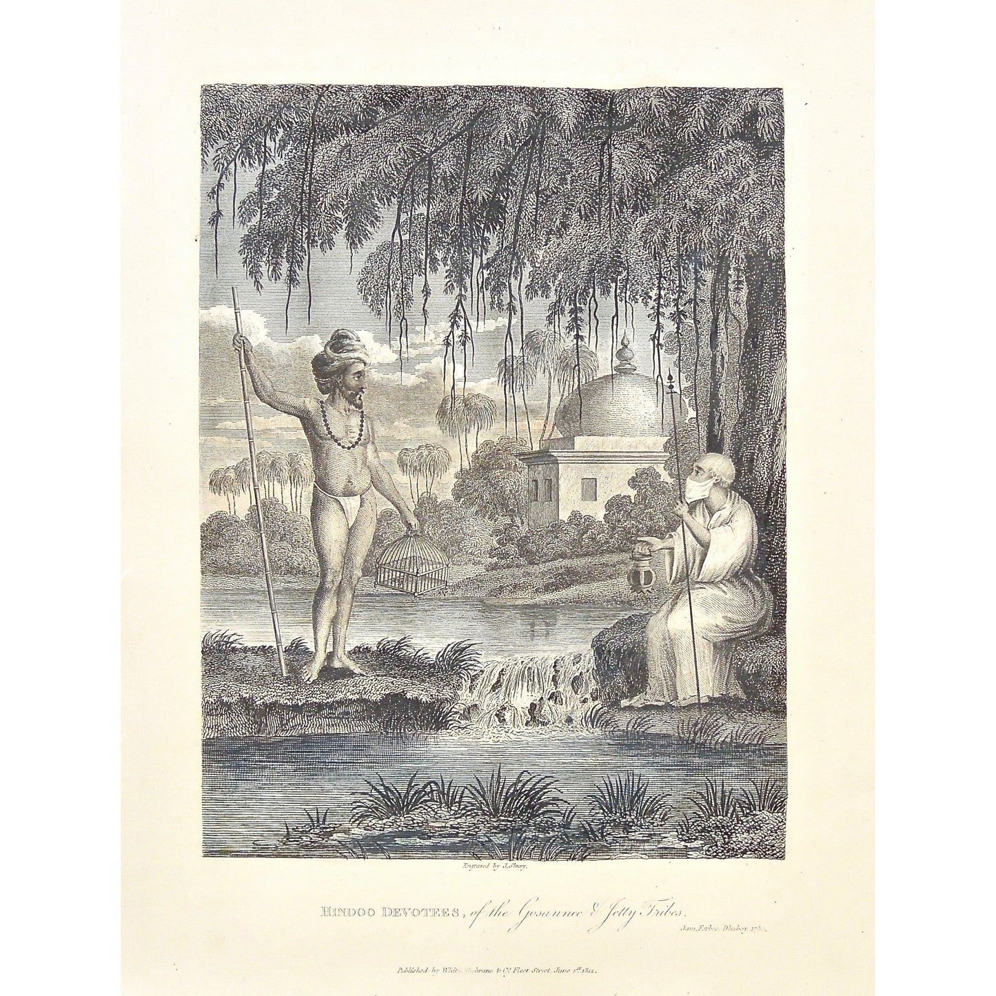 Hindoo, Hindu, Hindoo Devotees, Hindu Devotee, Devotees, Gosannee, Gosannee Tribe, Jetty, Jetty Tribe, Tribe, Native, Natives, Walking stick, bird cage, conversing, temple, India, Indian, scenery, James Forbes, Forbes, Oriental Memoirs, Oriental, Memoirs, Seventeen Years Residence in India, White, Cochrane & Co., Horace’s Head, Fleet Street, London, 1813, 1812, 1780, Shury, Bensley, Bolt Court, Antique Print, Antique, Prints, Vintage Prints, Vintage, Collector, Collectable, Original, Unique, Rare Map, Rare,