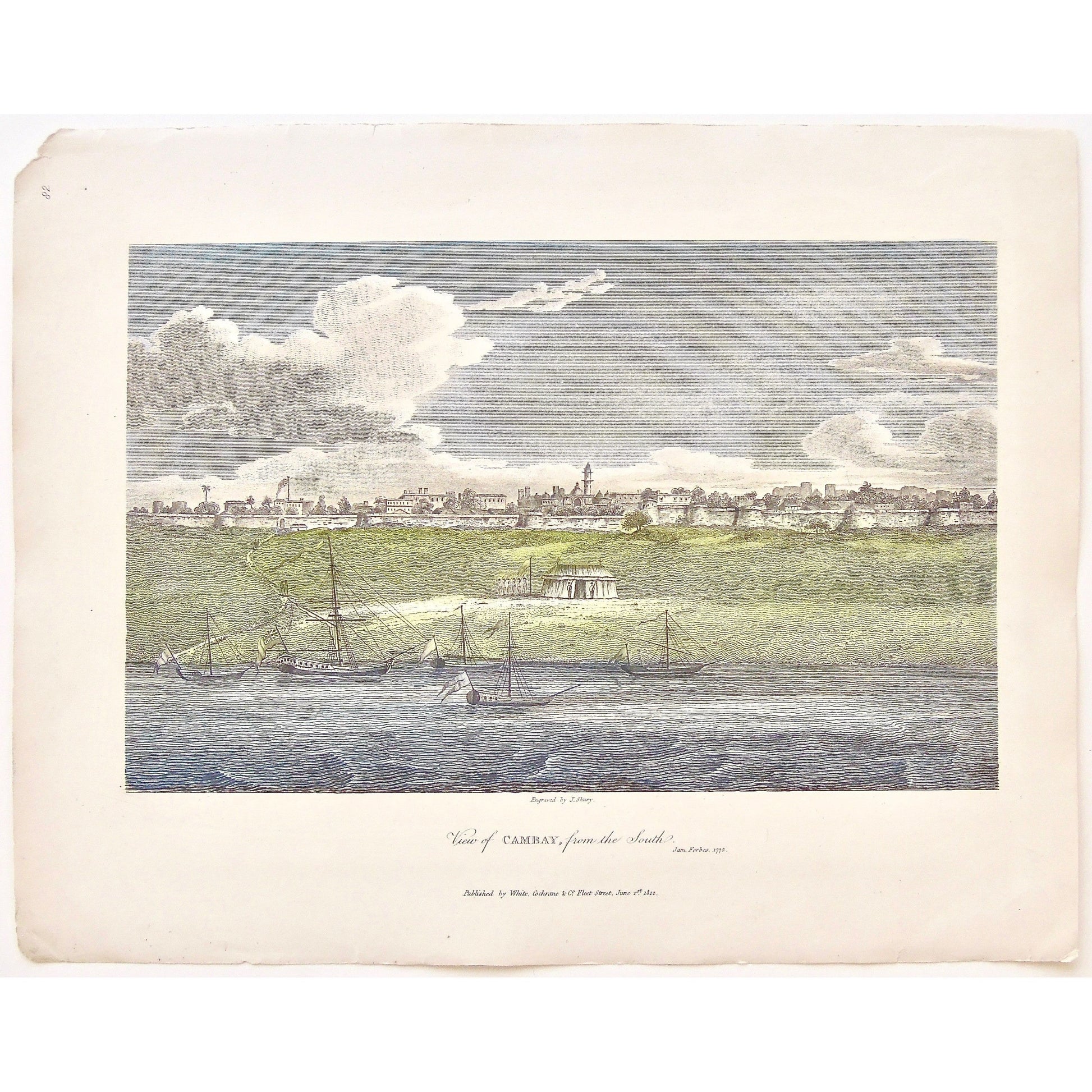 View of Cambay, Cambay, View, from the south, Ships, City view, boats, shiping, post along the water, walled city, India, James Forbes, Forbes, Oriental Memoirs, Oriental, Memoirs, Seventeen Years Residence in India, White, Cochrane & Co., Horace’s Head, Fleet Street, London, 1812, 1813, Shury, Bensley, Bolt Court, Steel engraving, 1775, Antique Print, Antique, Prints, Vintage Prints, Vintage, Collector, Collectable, Original, Unique, Rare Map, Rare, Rare books, engravings, engraving, steel engraving, art h