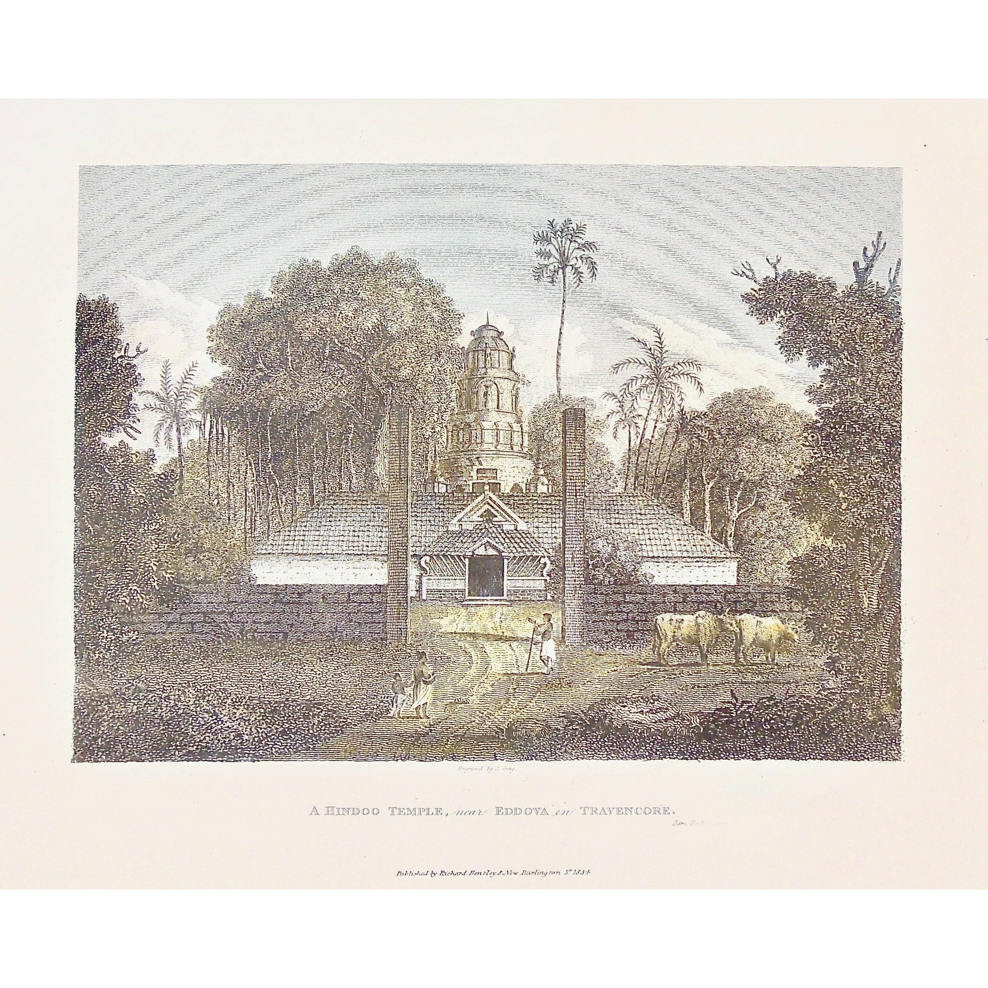 Hindoo Temple, Hindoo, Hindu, Hindu Temple, Temple, Eddova, Travencore, India, Indian, Indian Temple, Indian Architecture, Temple entrance, cattle, sacred cows, James Forbes, Forbes, Eliza Rosée, Countess De Montalembert, Oriental Memoirs, Narrative of Seventeen Years Residence in India, Bentley, 8 New Burlington Street, London, Greig, Nichols & Son, 25 Parliament Street, 1772, 1834, Antique Print, Antique, Prints, Vintage Prints, Vintage, Collector, Collectable, Original, Unique, Rare Map, Rare, Rare book