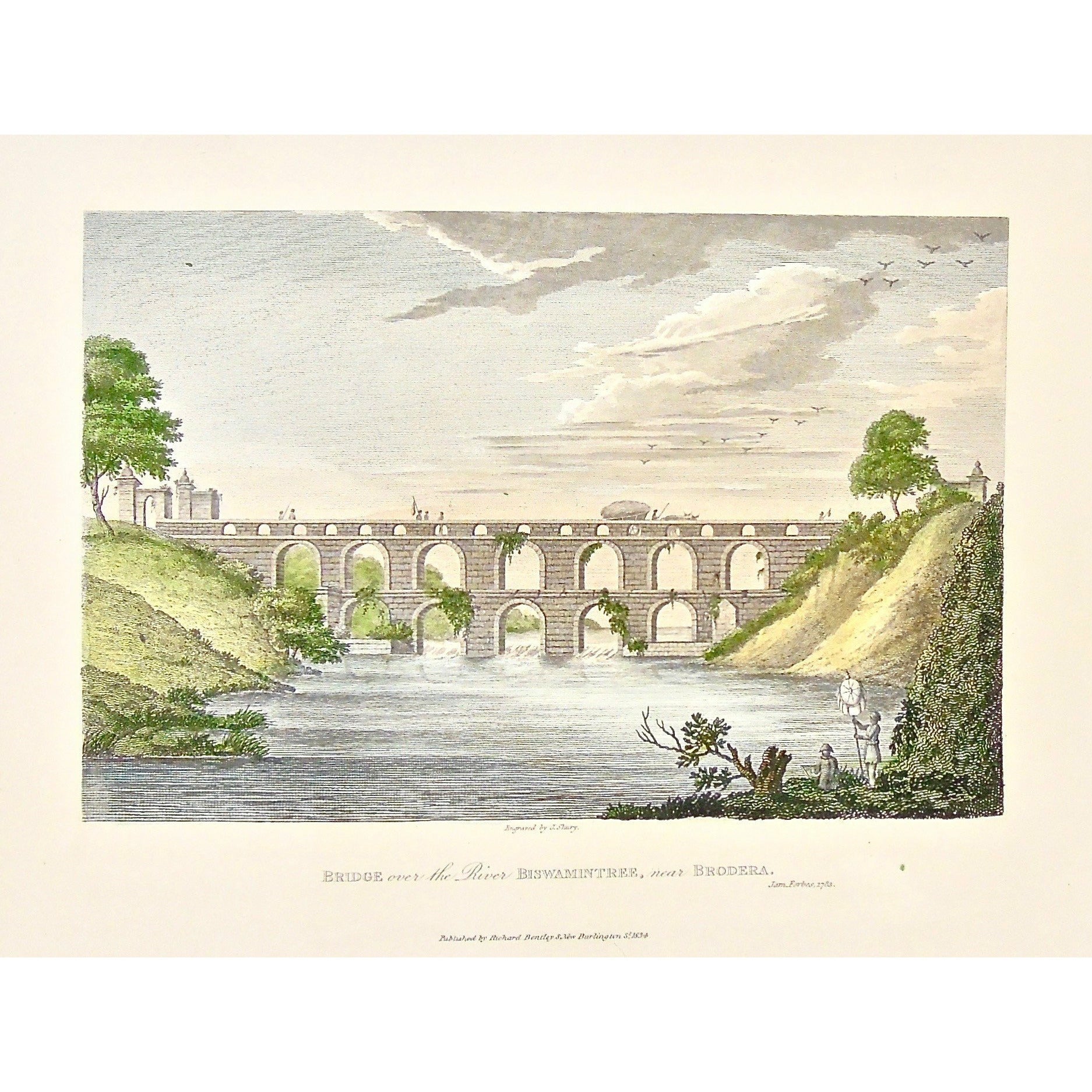 Bridge, Bridge over the River Biswamintree, Brodera, Biswamintree, India, Indian, Indian architecture, Indian Bridge, by the water, double leveled bridge, servant, James Forbes, Forbes, Eliza Rosée, Countess De Montalembert, Oriental Memoirs, Narrative of Seventeen Years Residence in India, Bentley, 8 New Burlington Street, London, Shury, Nichols & Son, 25 Parliament Street, 1783, 1834, Antique Print, Antique, Prints, Vintage Prints, Vintage, Collector, Collectable, Original, Unique, Rare Map, Rare, Rare b