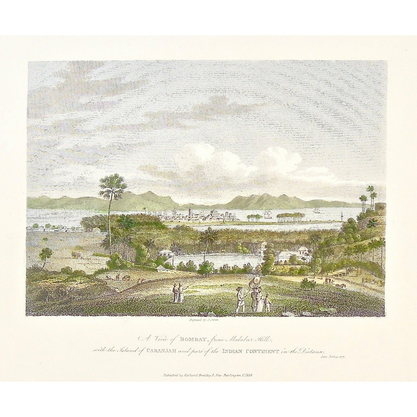 Bombay, Malabar Hill, Malabar, Island of Caranjah, Caranjah, Indian Continent, Distant Views, Views of India, View of Bombay, India, Indian, Indian Views, English in India, Indian landscape, James Forbes, Forbes, Eliza Rosée, Countess De Montalembert, Oriental Memoirs, Narrative of Seventeen Years Residence in India, Bentley, 8 New Burlington Street, London, Storer, Nichols & Son, 25 Parliament Street, 1771, 1834, Antique Print, Antique, Prints, Vintage Prints, Vintage, Collector, Collectable, Original, Un