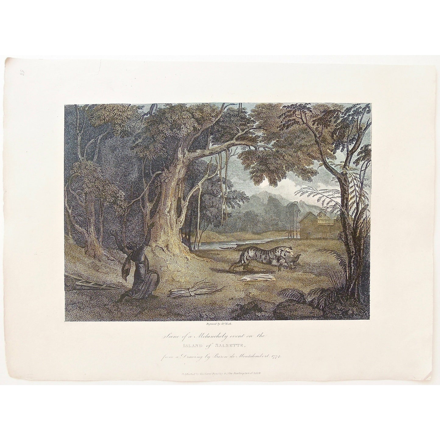 Scene of melancholy, Melancholy event, Island of Salsette, Tiger stealing a baby, Tiger, Stealing a baby, Wildlife, wild animal, Woman Crying, Attack, Bard de Montalembert, 1774, James Forbes, Forbes, Eliza Rosée, Countess De Montalembert, Oriental Memoirs, Narrative of Seventeen Years Residence in India, Bentley, 8 New Burlington Street, London, Heath, Nichols & Son, 25 Parliament Street, 1834, Steel engraving, Antique Print, Antique, Prints, Vintage Prints, Vintage, Collector, Collectable, Original, Uniq