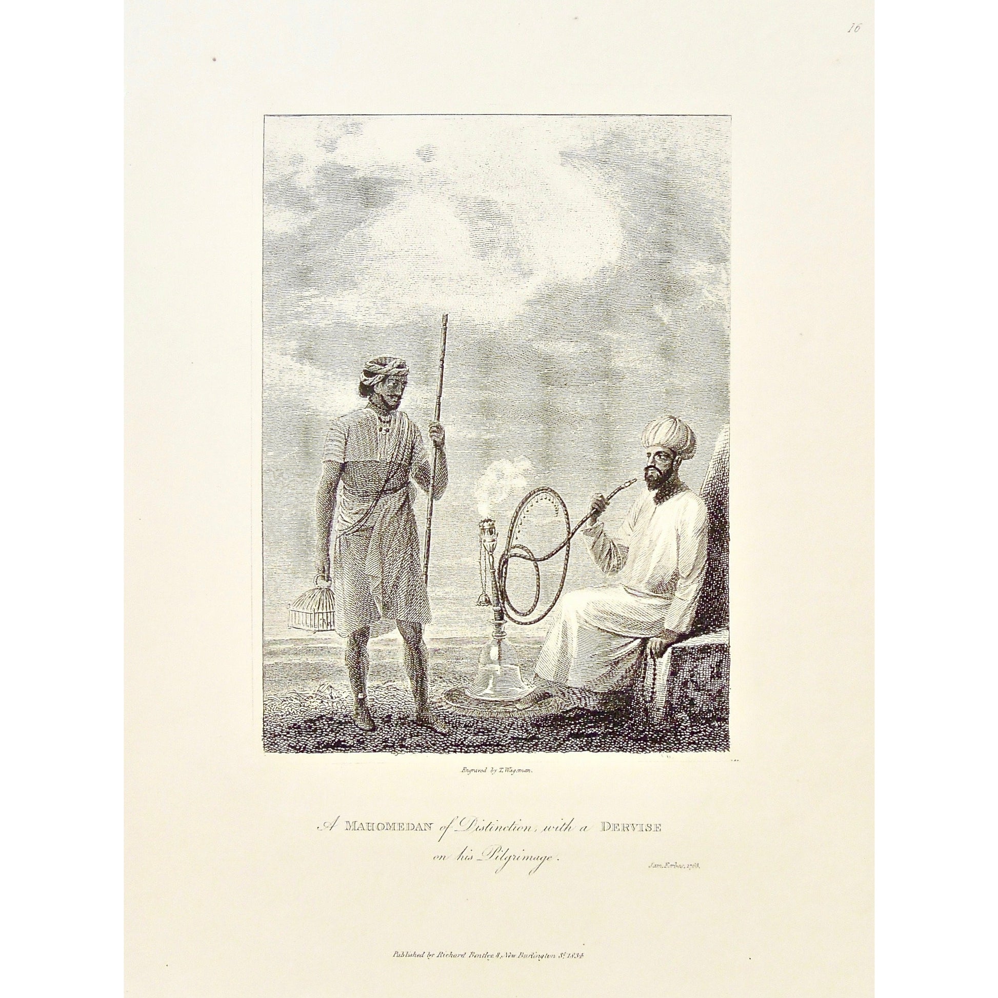 Mahomedian, Man of Distinction, Distinction, Dervise, Pilgrimage, Pilgirm, India, Indian, Hookah, Indian Attire, head dress, cage, Beads, Smoking a hookah, smoking, Walking stick, James Forbes, Forbes, Eliza Rosée, Countess De Montalembert, Oriental Memoirs, Narrative of Seventeen Years Residence in India, Bentley, 8 New Burlington Street, London, Wageman, Nichols & Son, 25 Parliament Street, 1768, 1834, Steel engraving, Antique Print, Antique, Prints, Vintage Prints, Vintage, Collector, Collectable, Origi