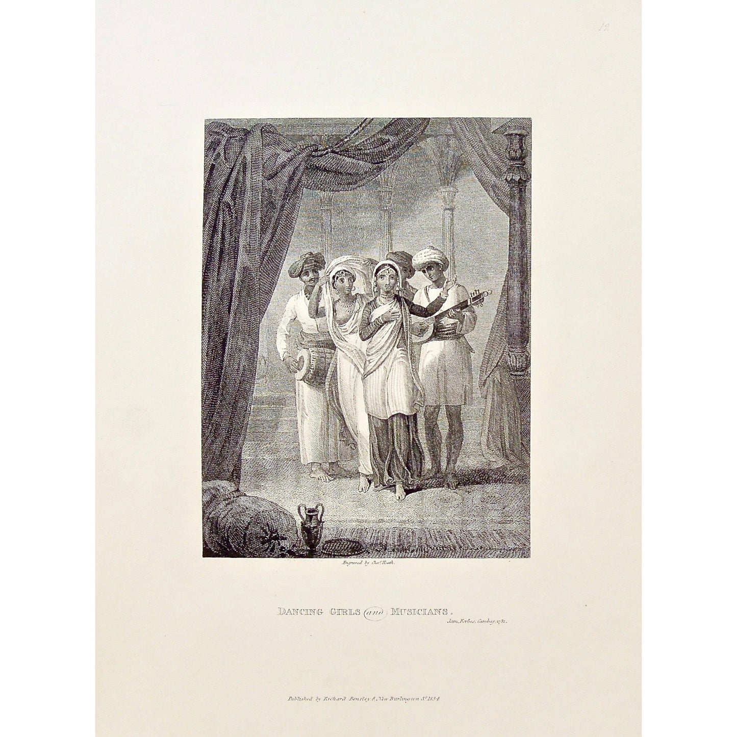 Dancing, Dancing Girls, Girls, Musicians, Music, Indian Dancing, Indian, India, Musical Instuments, Entertainment, entertainers, Interior, James Forbes, Forbes, Eliza Rosée, Countess De Montalembert, Oriental Memoirs, Narrative of Seventeen Years Residence in India, Bentley, 8 New Burlington Street, London, Heath, Nichols & Son, 25 Parliament Street, 1781, 1834, Steel engraving, Antique Print, Antique, Prints, Vintage Prints, Vintage, Collector, Collectable, Original, Unique, Rare Map, Rare, Rare books, en