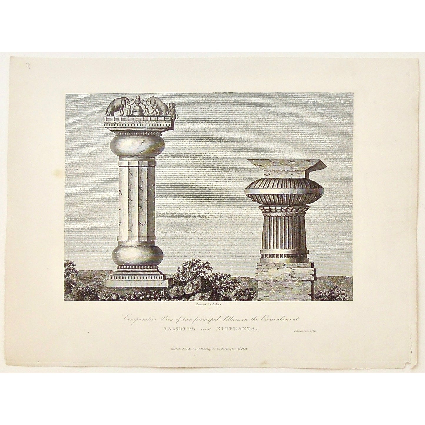 Comparative View, Principal, Pillars, Pillar, Excavations, Excavations at Salsette, Excavations at Elephanta, Salsette, Elephanta, Elephants, Architecture, Architectural Features, James Forbes, Forbes, Eliza Rosée, Countess De Montalembert, Oriental Memoirs, Narrative of Seventeen Years Residence in India, Bentley, 8 New Burlington Street, London, Shury, Nichols & Son, 25 Parliament Street, 1774, 1834, Steel engraving, Antique Print, Antique, Prints, Vintage Prints, Vintage, Collector, Collectable, Origina