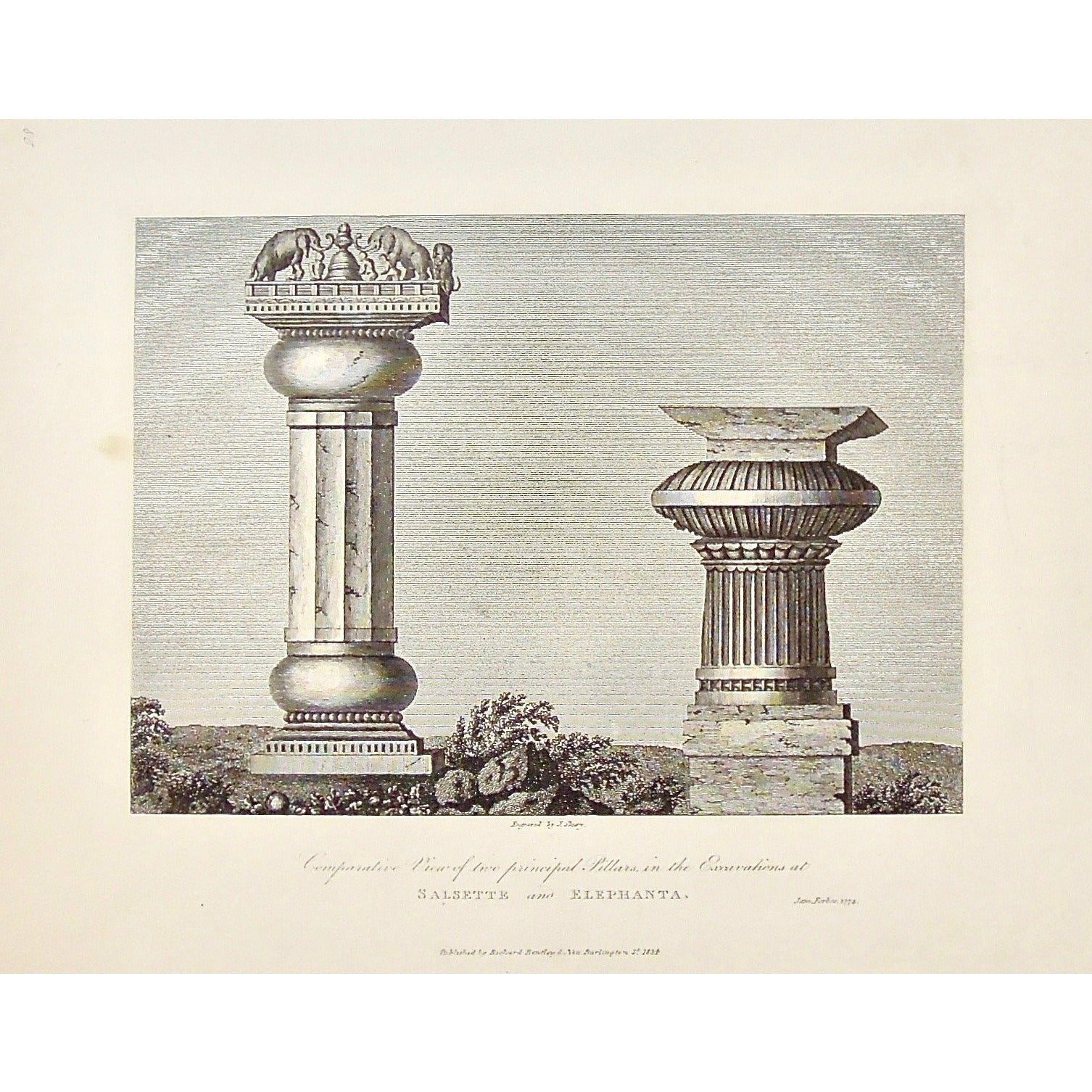 Comparative View, Principal, Pillars, Pillar, Excavations, Excavations at Salsette, Excavations at Elephanta, Salsette, Elephanta, Elephants, Architecture, Architectural Features, James Forbes, Forbes, Eliza Rosée, Countess De Montalembert, Oriental Memoirs, Narrative of Seventeen Years Residence in India, Bentley, 8 New Burlington Street, London, Shury, Nichols & Son, 25 Parliament Street, 1774, 1834, Steel engraving, Antique Print, Antique, Prints, Vintage Prints, Vintage, Collector, Collectable, Origina