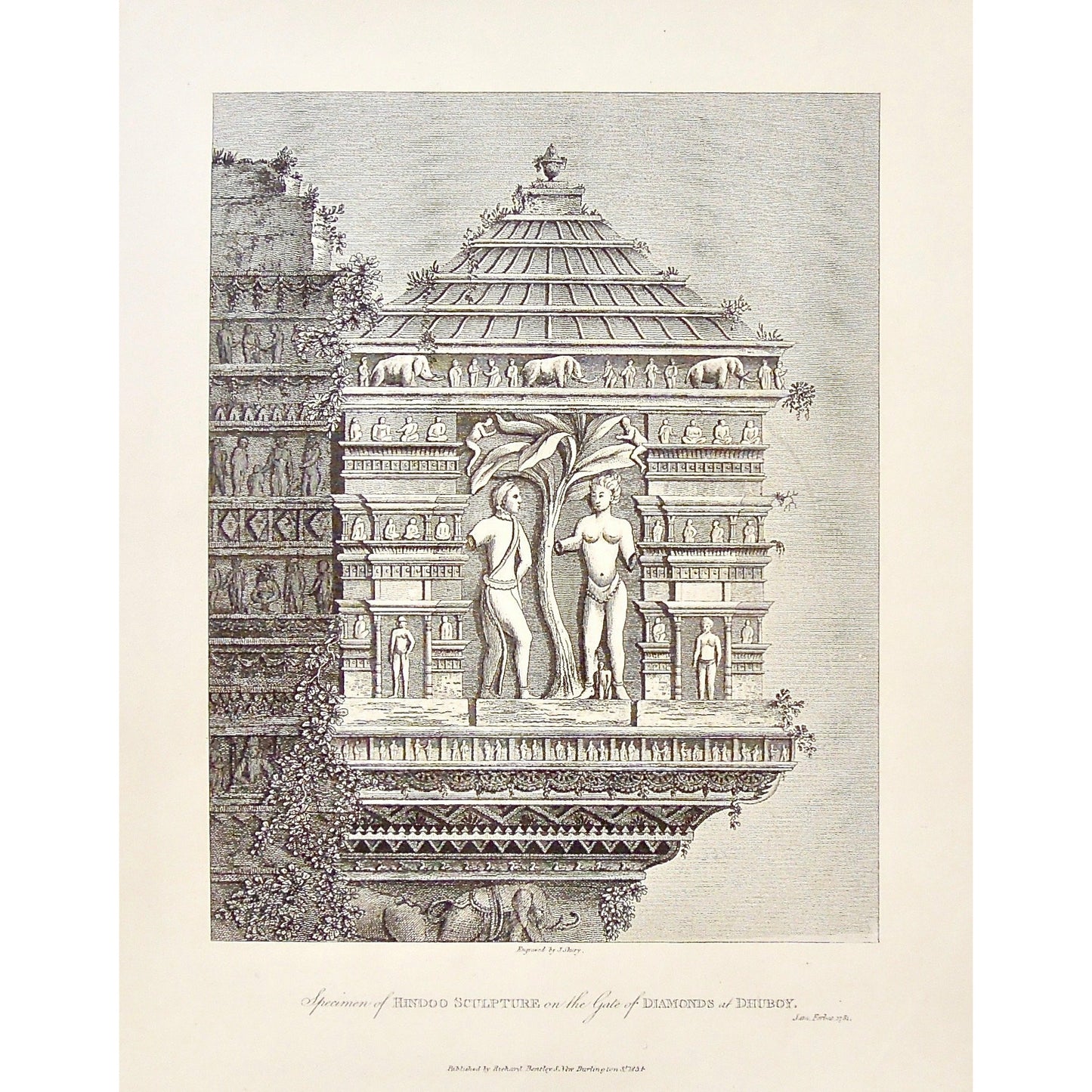 Specimen, Hindoo Sculpture, Hindoo, Hindu, Sculpture, Hindu sculpture, Gate of Diamonds, Gate of Diamond, Gate, Dhuboy, Ornate, elephants, Hindu Temple, India, Indian, Indian architecture, Architecture, Architectural Features, Man and woman, Pillar, Decoration, James Forbes, Forbes, Eliza Rosée, Countess De Montalembert, Oriental Memoirs, Narrative of Seventeen Years Residence in India, Bentley, 8 New Burlington Street, London, Shury, Nichols & Son, 25 Parliament Street, 1781, 1834, Steel engraving, Antiqu