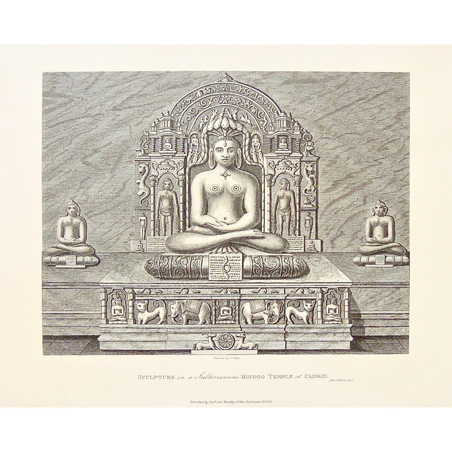 Sculpture, Subterraneous, Hindoo Temple, Hindu Temple, Subterranean, Temple, Cambay, Ornate decoration, Elephants, cats, cross legged, nude, prayer, worship, India, Indian, James Forbes, Forbes, Eliza Rosée, Countess De Montalembert, Oriental Memoirs, Narrative of Seventeen Years Residence in India, Bentley, 8 New Burlington Street, London, Shury, Nichols & Son, 25 Parliament Street, 1775, 1834, Steel engraving, Antique Print, Antique, Prints, Vintage Prints, Vintage, Collector, Collectable, Original, Uniq