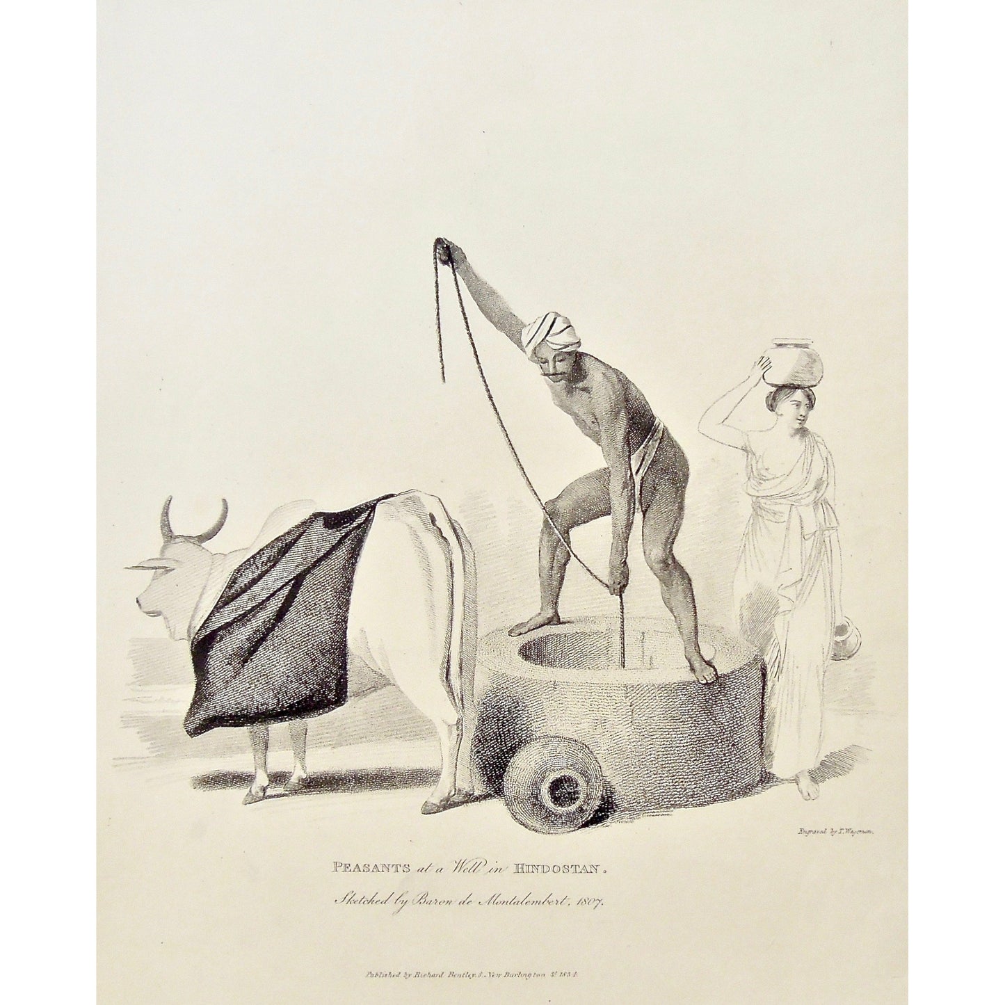 Peasants, Well, Wells, Hindostan, Indian, India, drawing water, from a well, cow, Cattle, Indian cow, lady, Carrying water on head, James Forbes, Forbes, Eliza Rosée, Countess De Montalembert, Oriental Memoirs, Narrative of Seventeen Years Residence in India, Bentley, 8 New Burlington Street, London, Wageman, Nichols & Son, 25 Parliament Street, 1834, Steel engraving, Antique Print, Antique, Prints, Vintage Prints, Vintage, Collector, Collectable, Original, Unique, Rare Map, Rare, Rare books, engravings, 