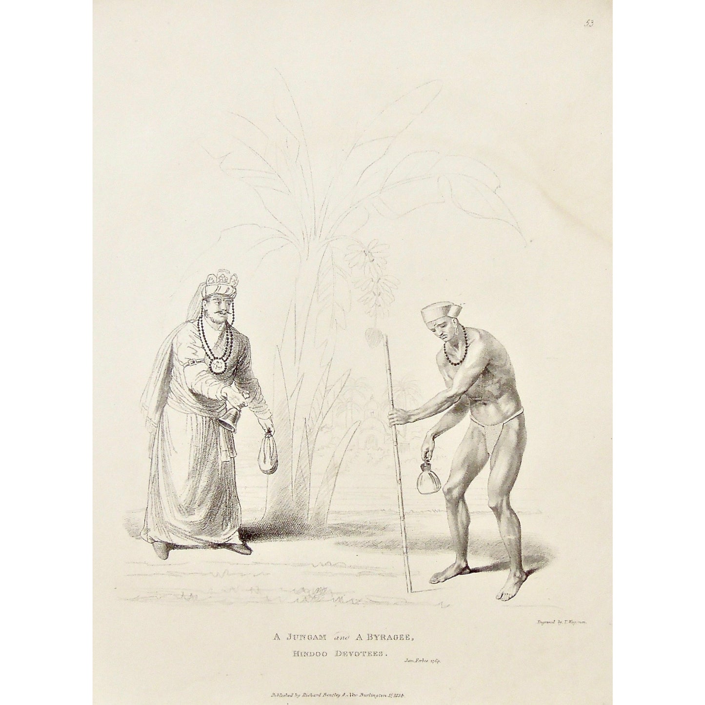 Jungam, Byragee, Hindoo devotees, Hindoo, Devotee, Hindu devotee, Hindu, India, Indian, Attire, clothing, hats, traditional, bells, necklace, jewelry, loin cloth, Worshipers, James Forbes, Forbes, Eliza Rosée, Countess De Montalembert, Oriental Memoirs, Narrative of Seventeen Years Residence in India, Bentley, 8 New Burlington Street, London, Wageman, Nichols & Son, 25 Parliament Street, 1769, 1834, Steel engraving, Antique Print, Antique, Prints, Vintage Prints, Vintage, Collector, Collectable, Original, 