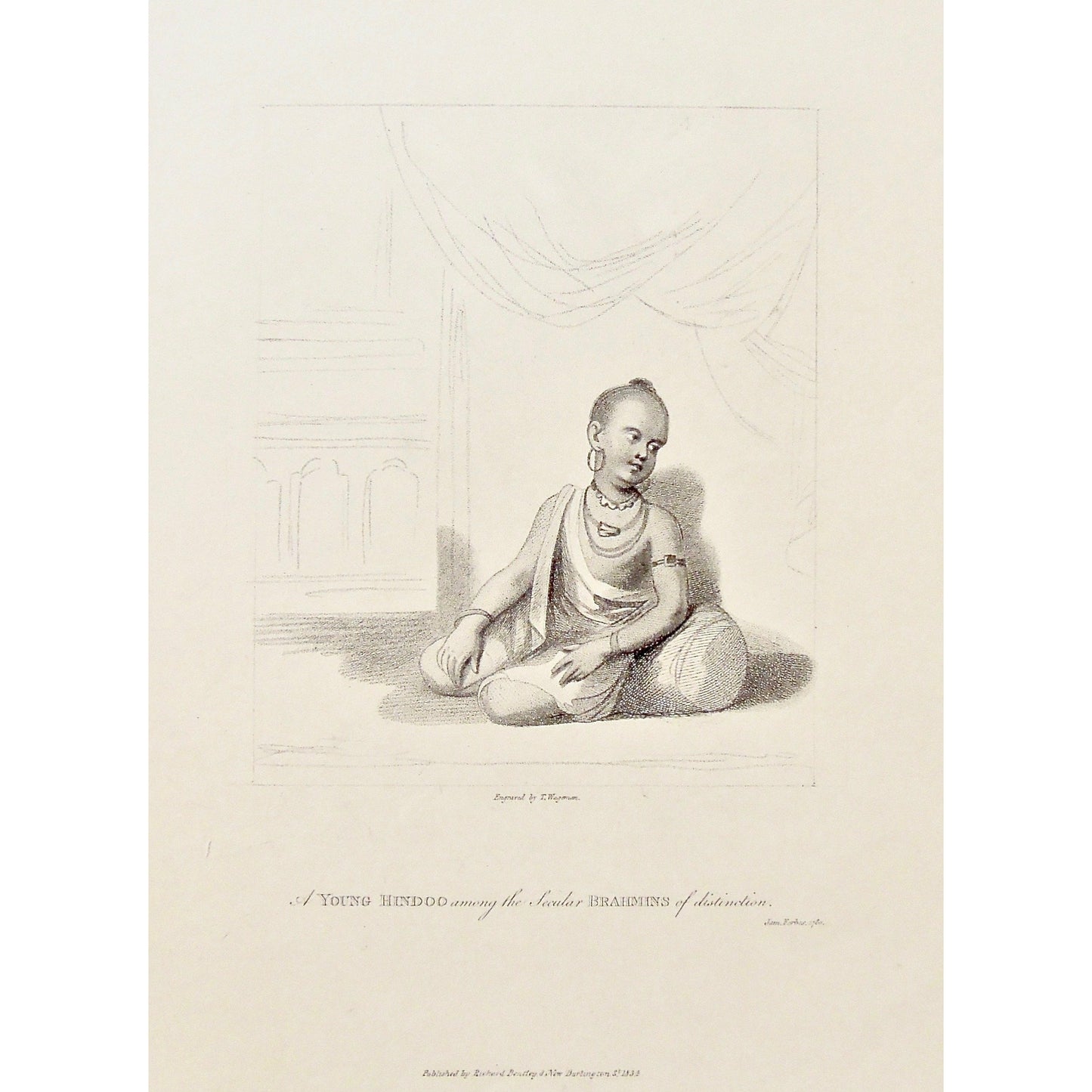 Young Hindoo, Hindu, Hindu Child, Child, Children, Hindu children, Young Hindu, India, Indian, jewelry, clothing, attire, resting, earrings, Secular, Secular Brahmins of Distinction, Brahmin, Brahmin of distinction, of distinction, James Forbes, Forbes, Eliza Rosée, Countess De Montalembert, Oriental Memoirs, Narrative of Seventeen Years Residence in India, Bentley, 8 New Burlington Street, London, Wageman, Nichols & Son, 25 Parliament Street, 1780, 1834, Steel engraving, Antique Print, Antique, Prints, 