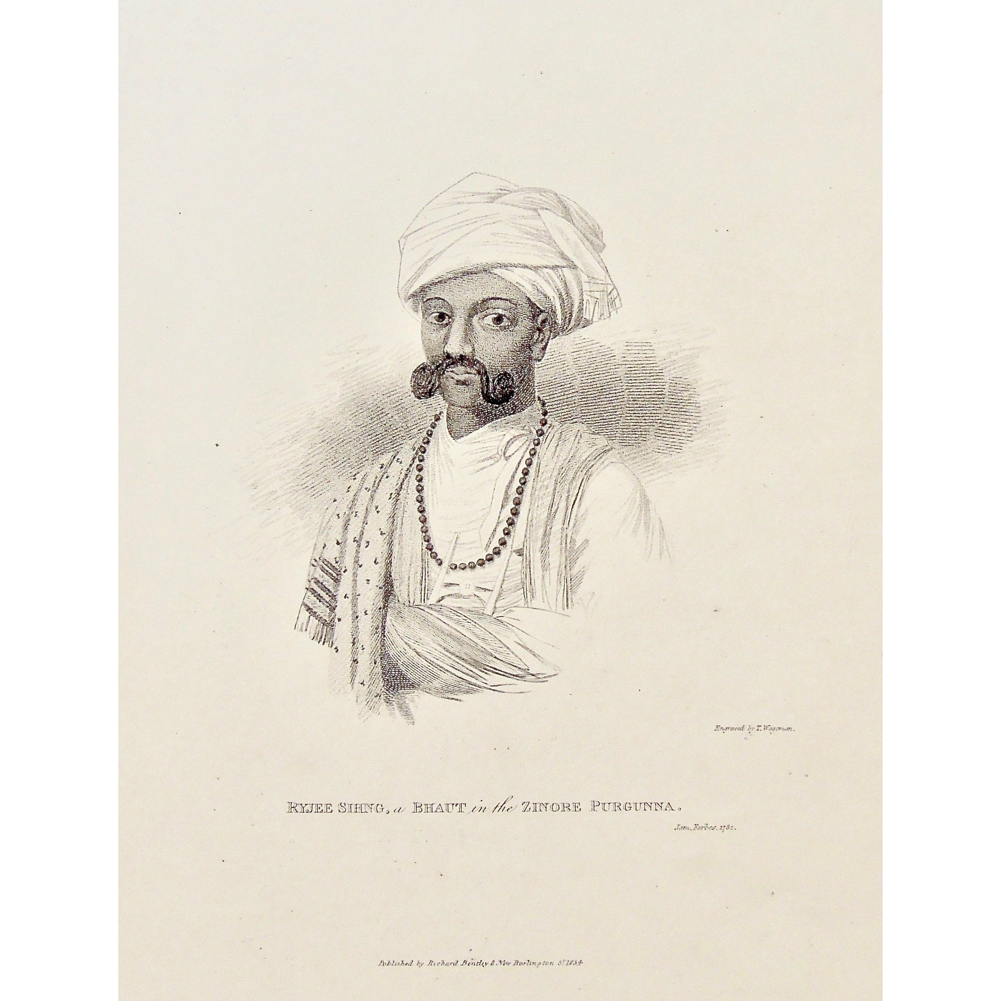 Ryjee Sihng, Ryjee, Sihng, Singh, Zinore, Zinore Purgunna, Purgunna, Indian, Indian Man, Man, India, Head scarf, moustache, necklace, clothing, attire, dress, portrait, James Forbes, Forbes, Eliza Rosée, Countess De Montalembert, Oriental Memoirs, Narrative of Seventeen Years Residence in India, Bentley, 8 New Burlington Street, London, Wageman, Nichols & Son, 25 Parliament Street, 1782, 1834, Steel engraving, Antique Print, Antique, Prints, Vintage Prints, Vintage, Collector, Collectable, Original, Unique