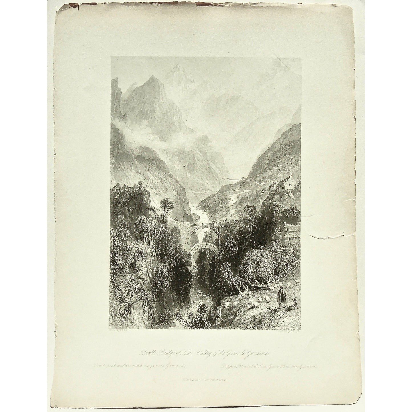 France, France Illustrated, France Illustrated, Exhibiting its Landscape Scenery, Antiquities, Military and Ecclesiastical Architecture, Thomas Allom, Allom, Fisher, Son & Co., London, Paris, Reverend George Newenham, Newenham, Caxton Press, Angel St., Martin's-Le-Grand, Mandeville, Neuve Vivienne, 1845, Double bridge, Bridge, Scia, Bridges, Valley of the Gave de Gavarnie, Valley, Gave, Gave de Gavarnie, Gavarnie, sheep Shepherds, dogs, mountains, mountain range, Wood bridge, stone bridge,