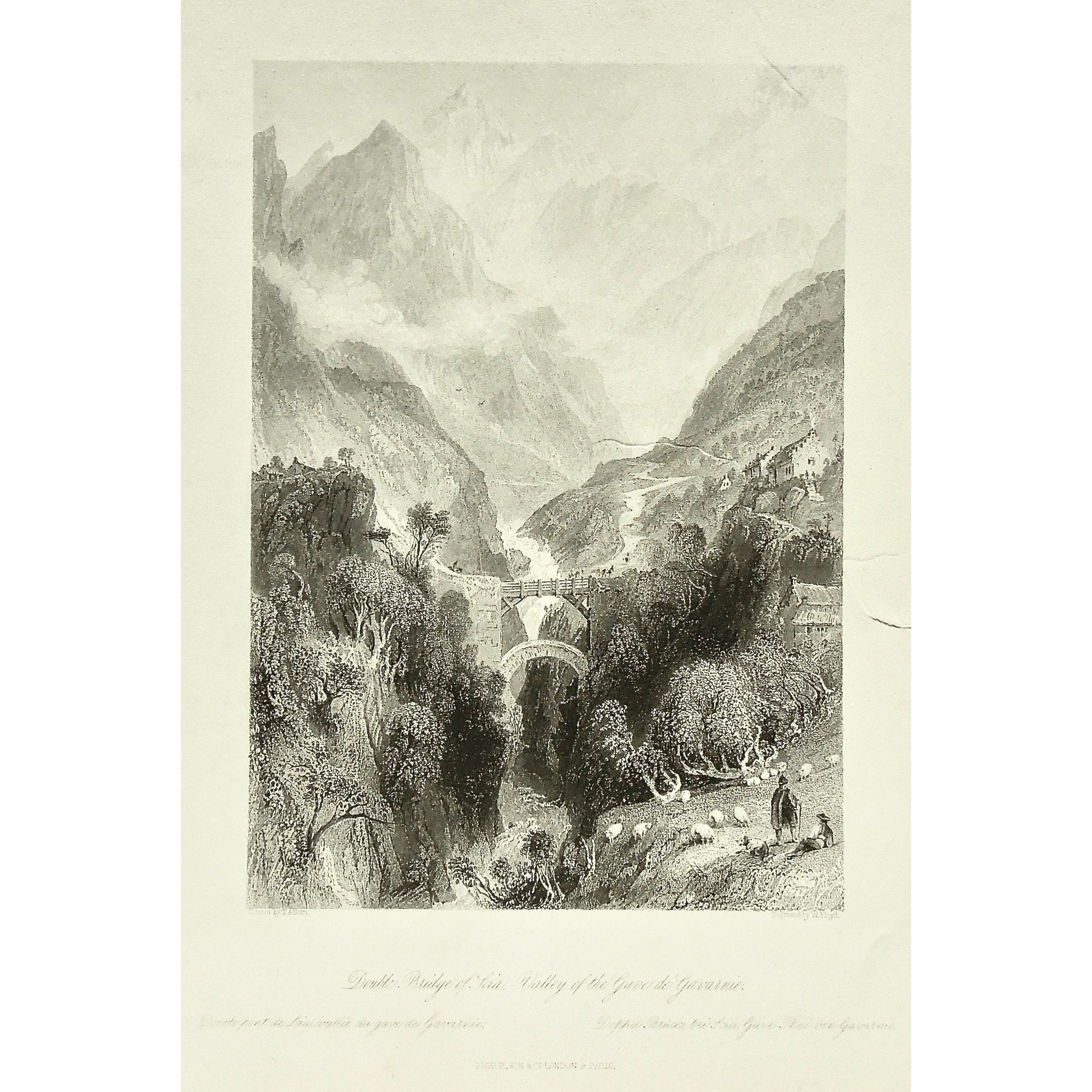 France, France Illustrated, France Illustrated, Exhibiting its Landscape Scenery, Antiquities, Military and Ecclesiastical Architecture, Thomas Allom, Allom, Fisher, Son & Co., London, Paris, Reverend George Newenham, Newenham, Caxton Press, Angel St., Martin's-Le-Grand, Mandeville, Neuve Vivienne, 1845, Double bridge, Bridge, Scia, Bridges, Valley of the Gave de Gavarnie, Valley, Gave, Gave de Gavarnie, Gavarnie, sheep Shepherds, dogs, mountains, mountain range, Wood bridge, stone bridge,