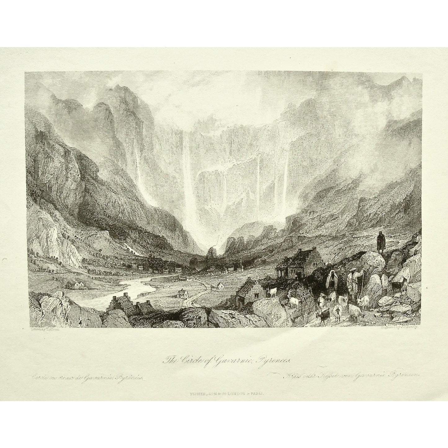 France, France Illustrated, Exhibiting its Landscape Scenery, Antiquities, Military and Ecclesiastical Architecture, Thomas Allom, Allom, Fisher, Son & Co., London, Paris, Reverend George Newenham, Newenham, Caxton Press, Angel St., Martin's-Le-Grand, Mandeville, Neuve Vivienne, 1845, Circle of Gavarnie, Gavarnie, Pyrenees, Pyrenees mountains, farms, farming, Goats, shepherds, herding, waterfalls, mountains, village, villages,